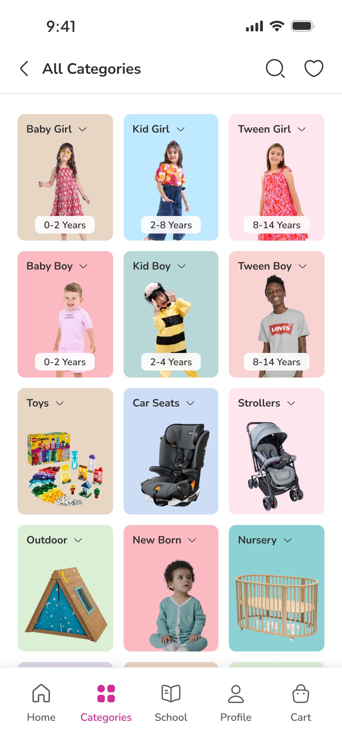 All Categories screen in English: age tabs for Baby, Kid and Tween, and a grid of category tiles