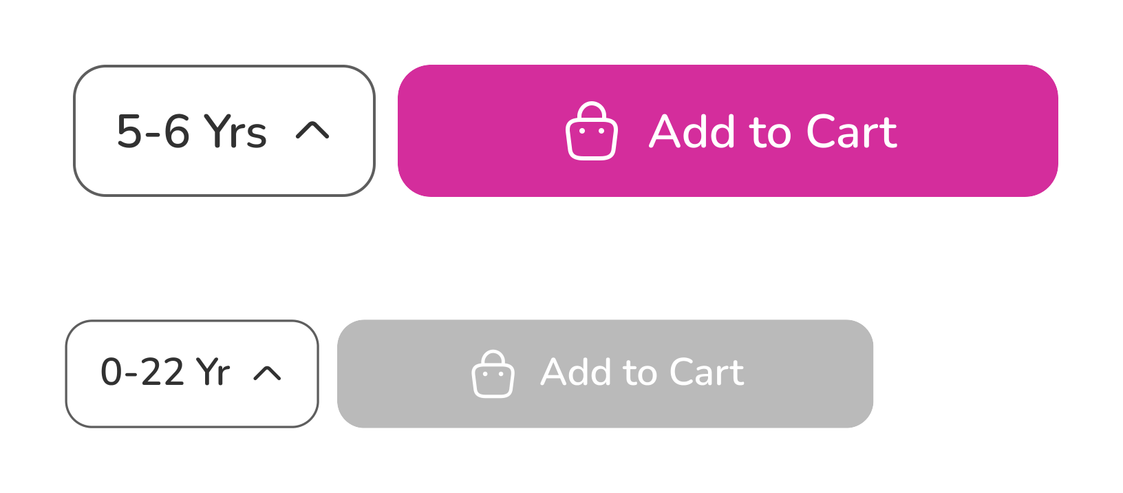 Two states of the fixed bar: a 5–6 Yrs size chip beside a magenta Add to Cart button, and a disabled state with a 0–22 Yr chip and a grey button