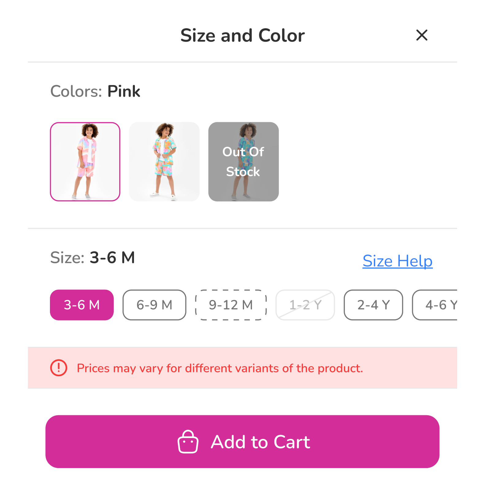 Size and colour bottom sheet: three colour swatches, one marked out of stock, size chips from 3–6 M to 4–6 Y with unavailable sizes dashed, a price-varies notice and Add to Cart