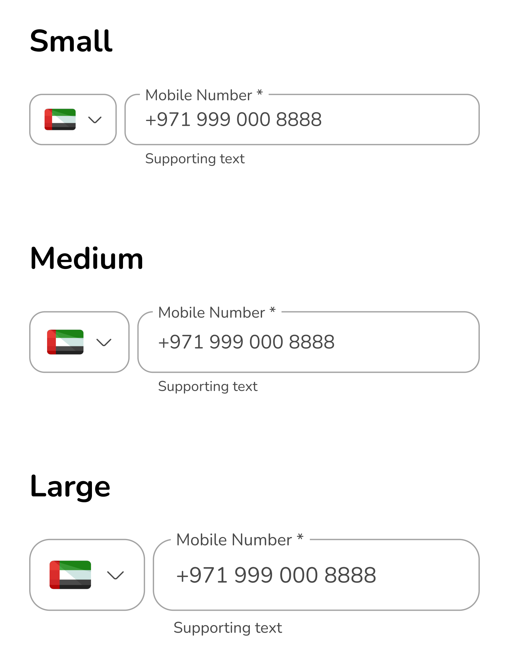 Mobile number field with a UAE country selector in small, medium and large, laid out left to right