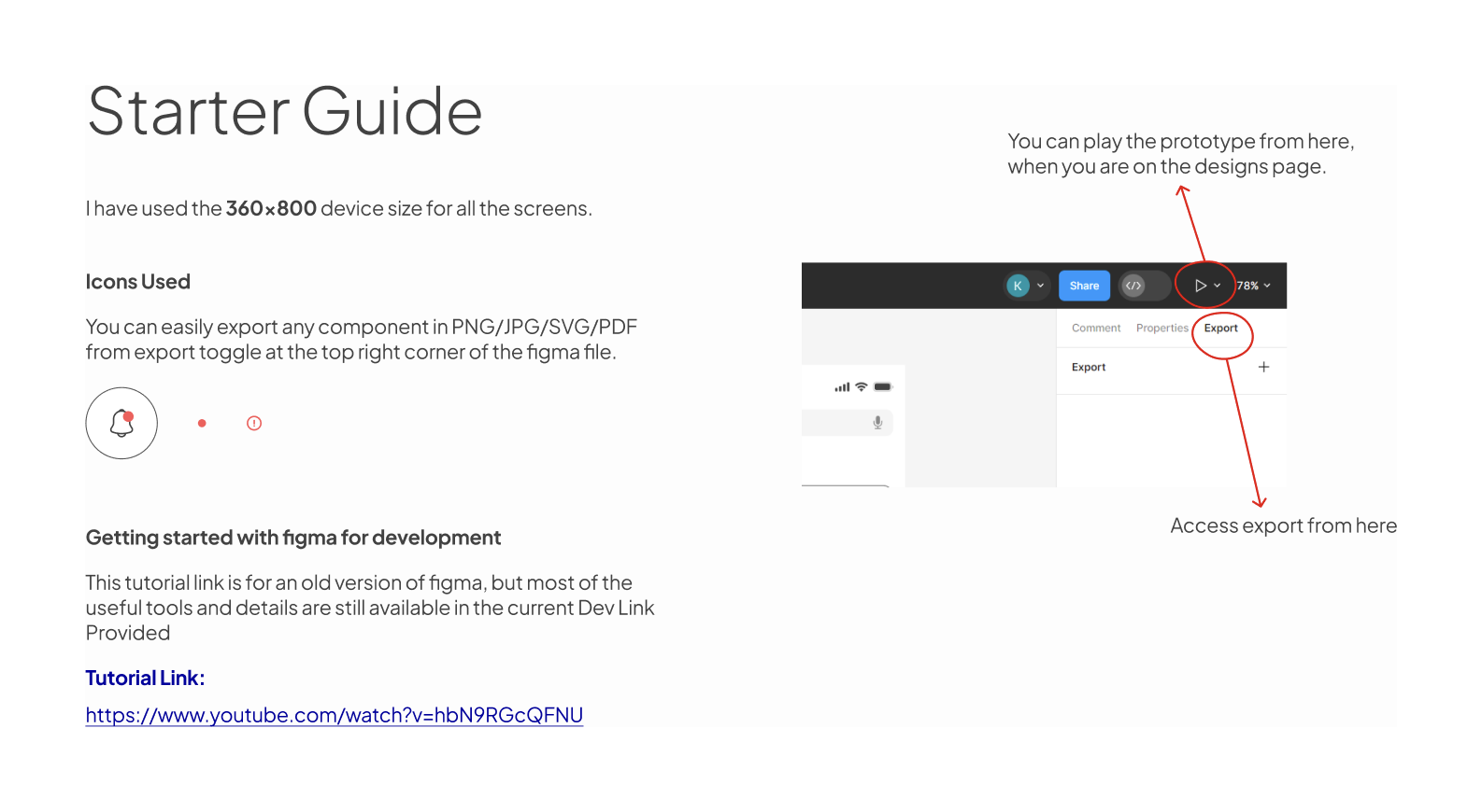 Guide page one, Starter Guide: the device size used, how to export icons, and where the prototype and export controls are in Figma