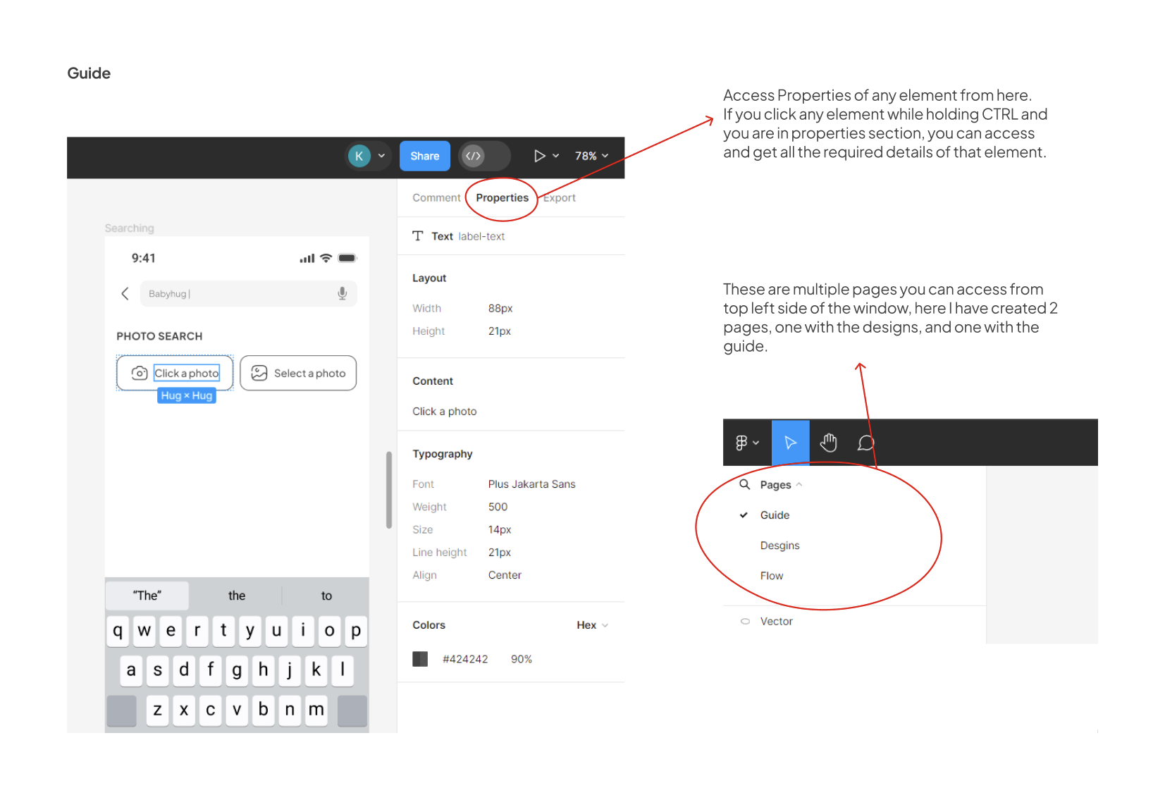 Guide page two: the Properties panel annotated for developers, and the file's pages, Guide, Designs and Flow