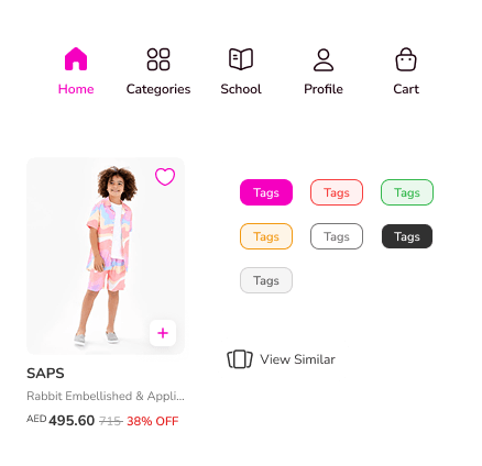 Bottom navigation, product card, tags and view-similar components
