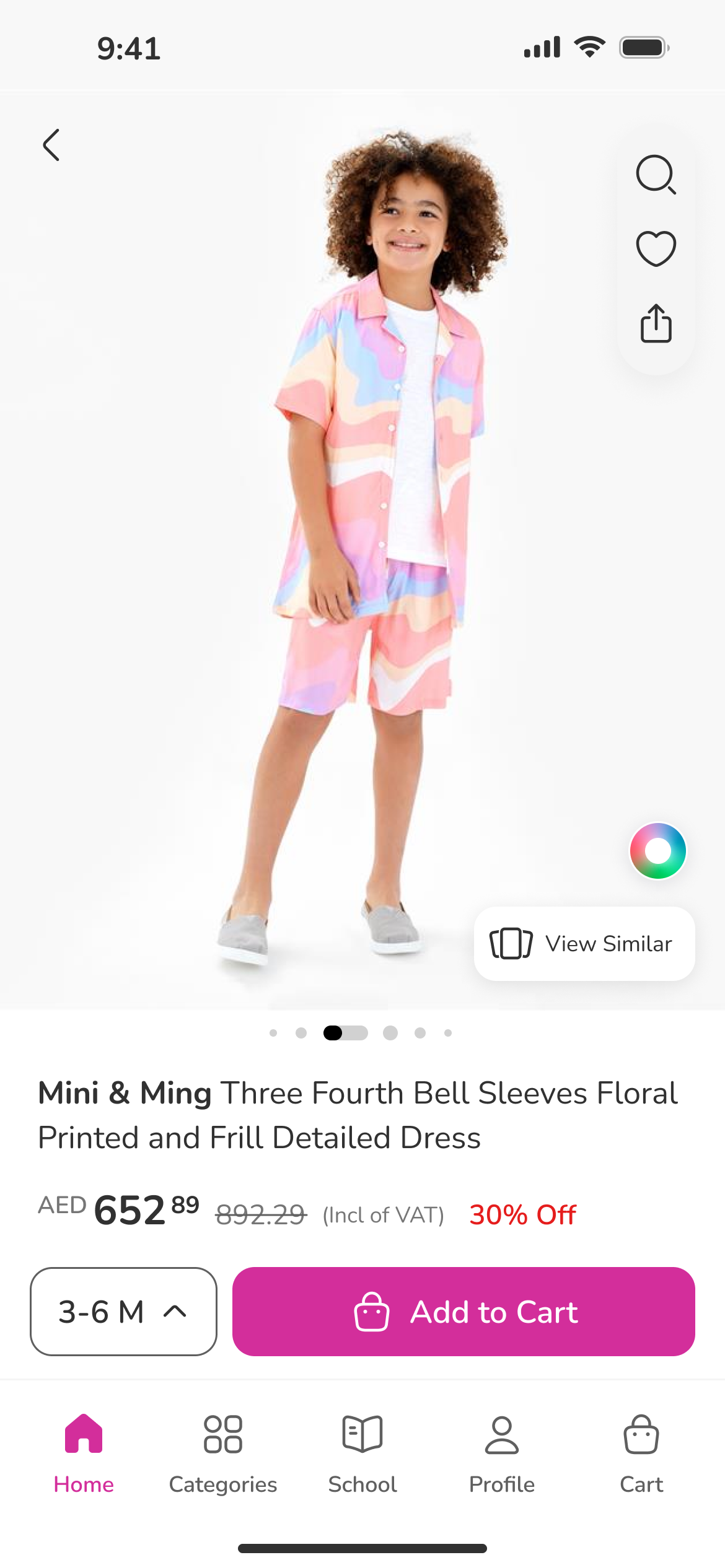 The redesigned FirstCry product page in English: a full-bleed product photo, floating search, wishlist and share buttons, and a size chip beside Add to Cart