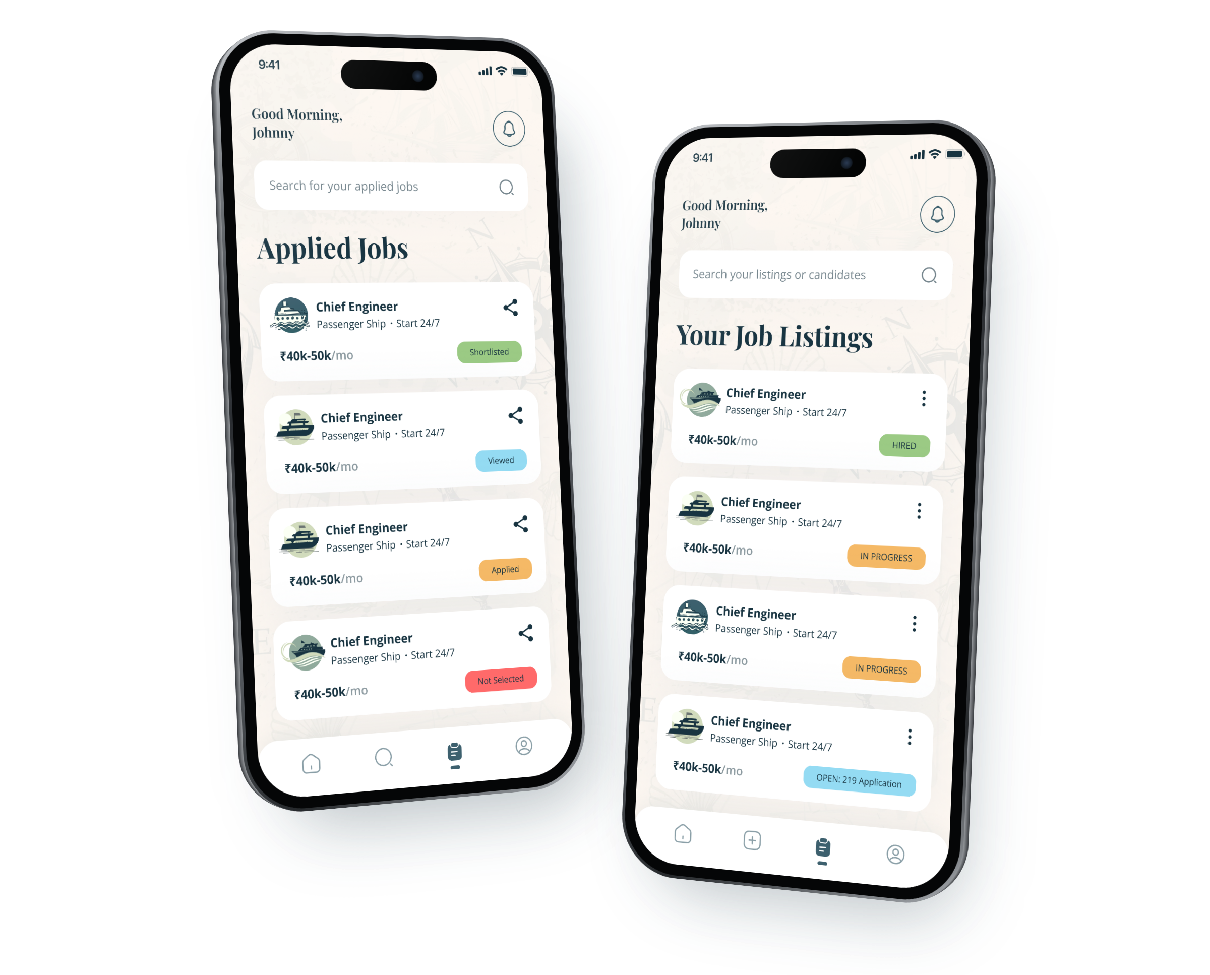 iSail on two phones turned toward each other: the seafarer's Applied Jobs with Shortlisted, Viewed, Applied and Not Selected, and the recruiter's Job Listings with Hired, In progress and Open