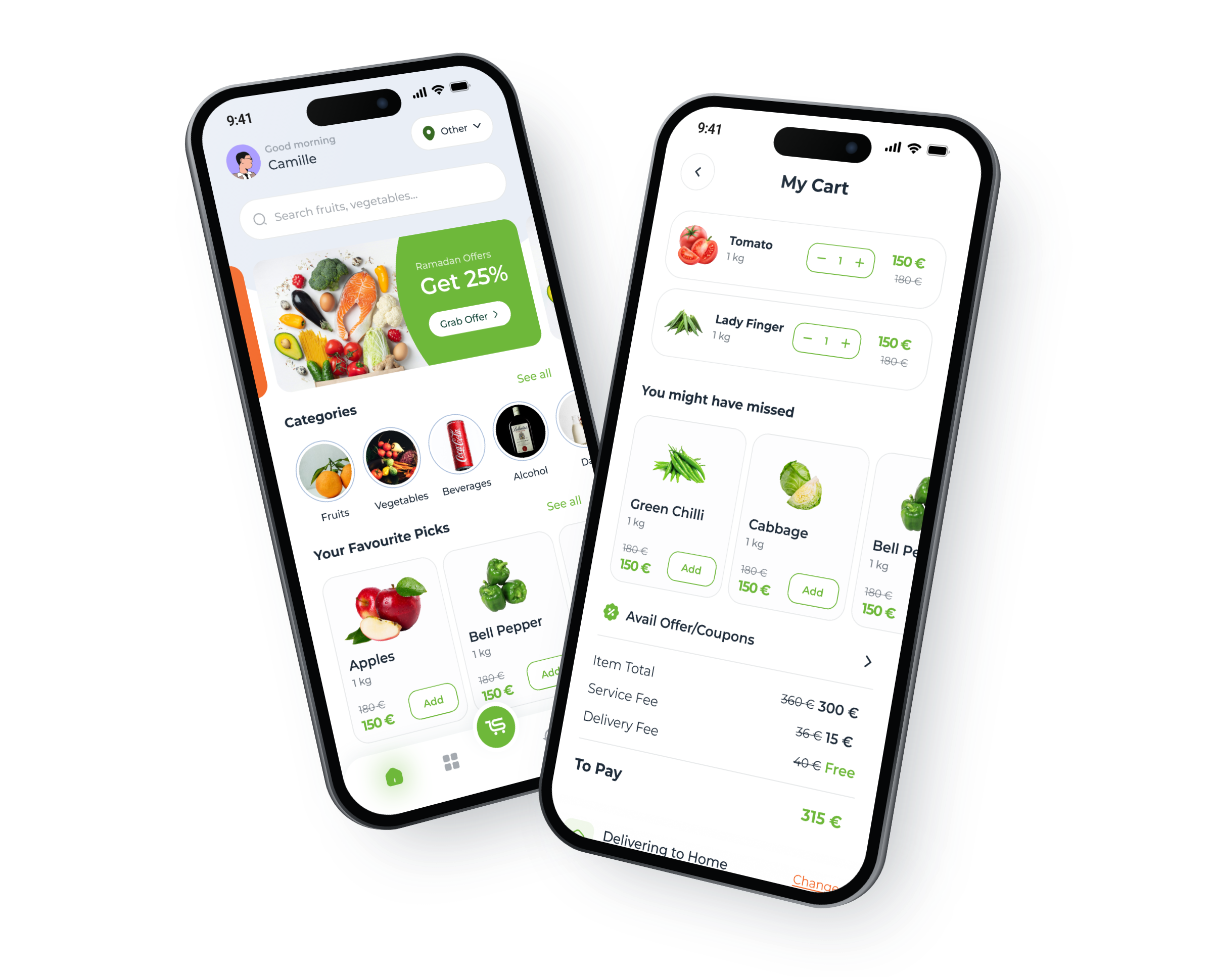Shoppi on two phones at opposing angles: the home screen with offers and categories, and the cart with its itemised bill