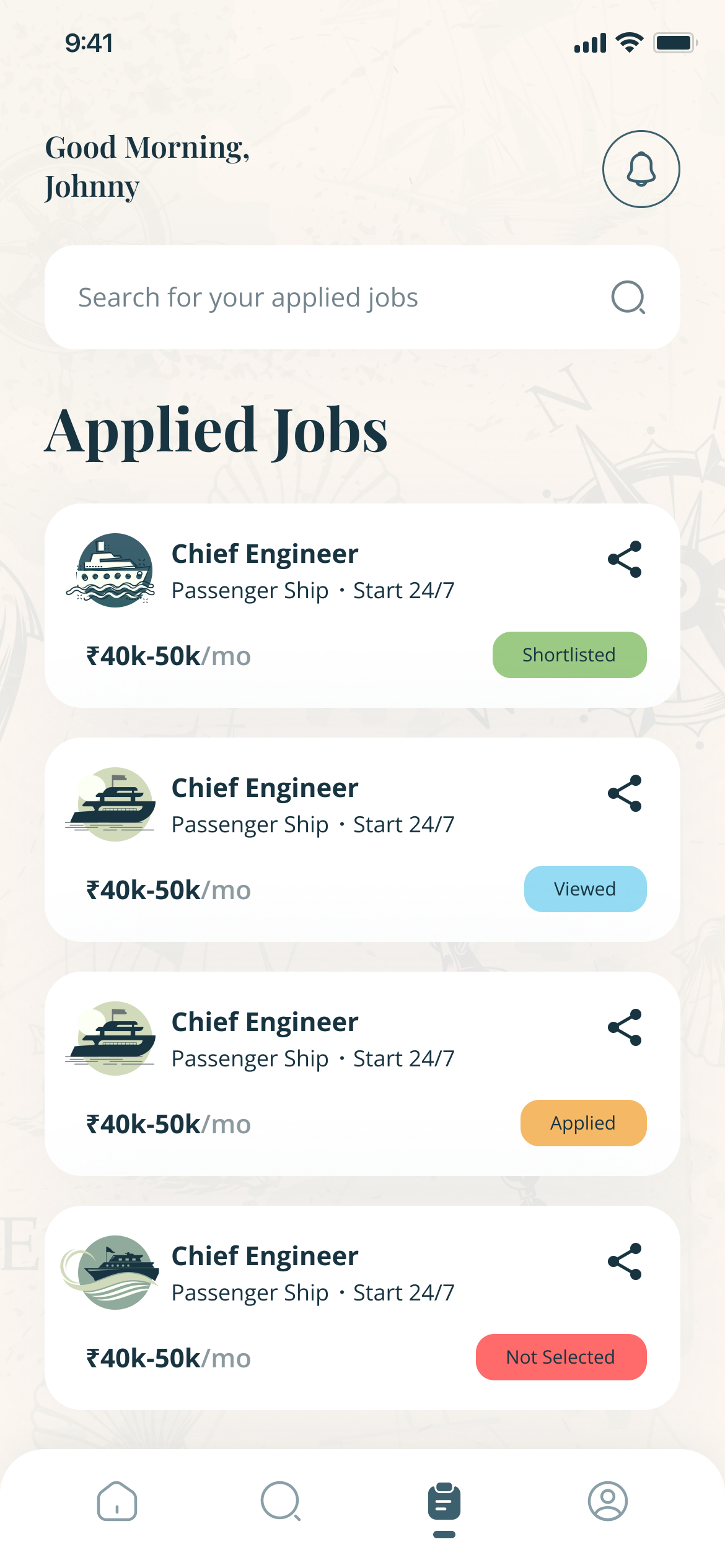 Applied Jobs: four Chief Engineer cards marked Shortlisted, Viewed, Applied and Not Selected