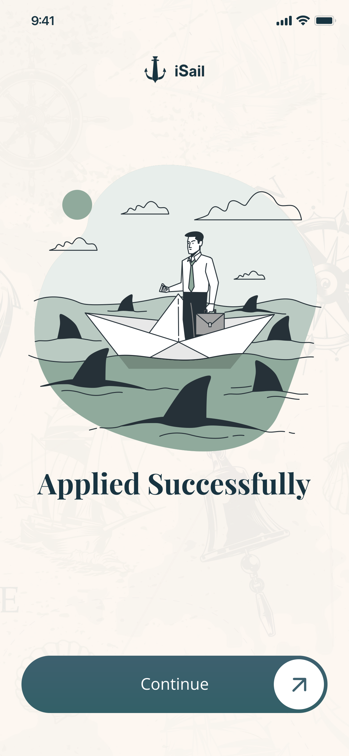 Applied Successfully, with an illustration of a man in a suit on a paper boat among sharks, and Continue