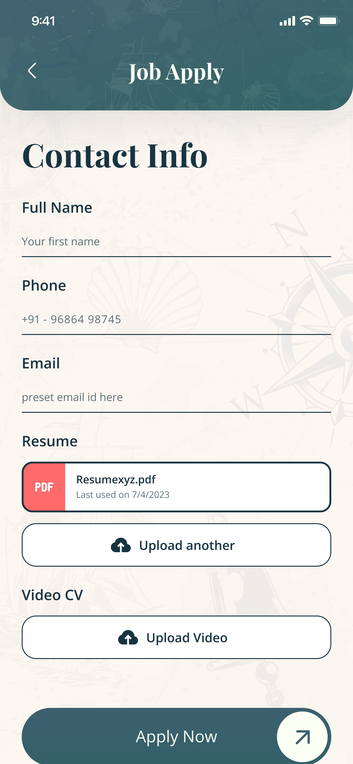 Job Apply: contact info, the resume last used on 7/4/2023 with Upload another, an optional video CV, and Apply Now