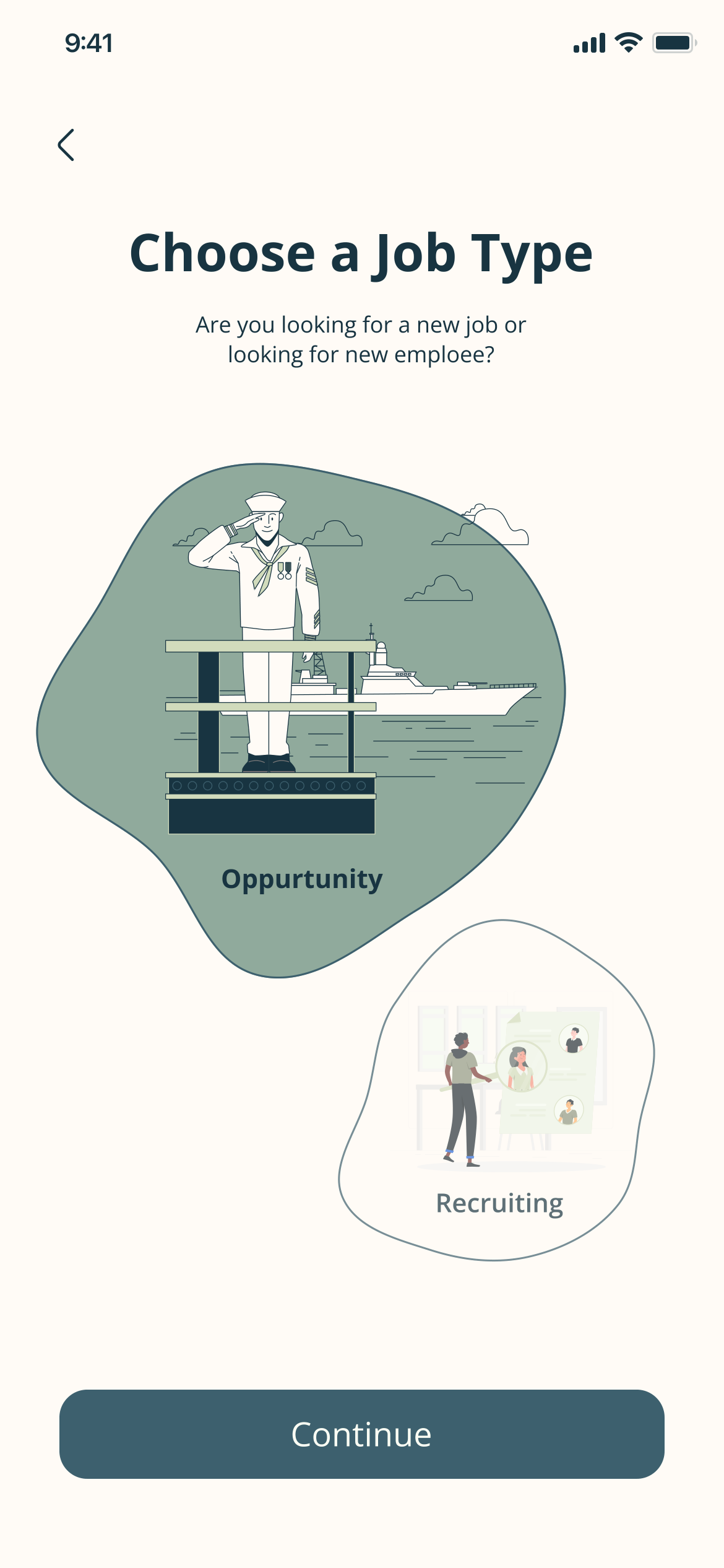 Choose a Job Type: are you looking for a new job or a new employee? Two illustrated choices, Opportunity and Recruiting
