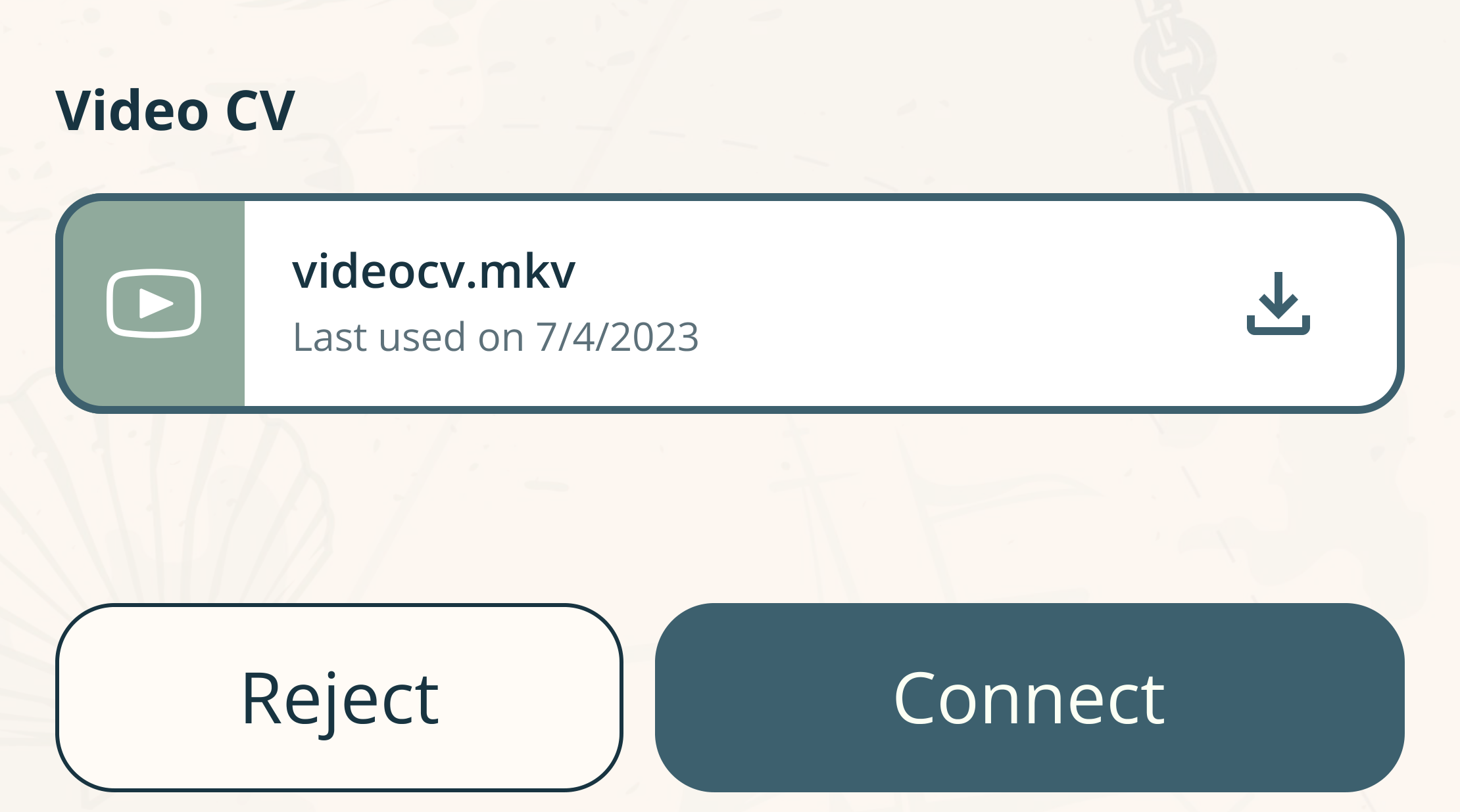 The end of a candidate CV: a video CV file with a download button, then Reject and Connect buttons