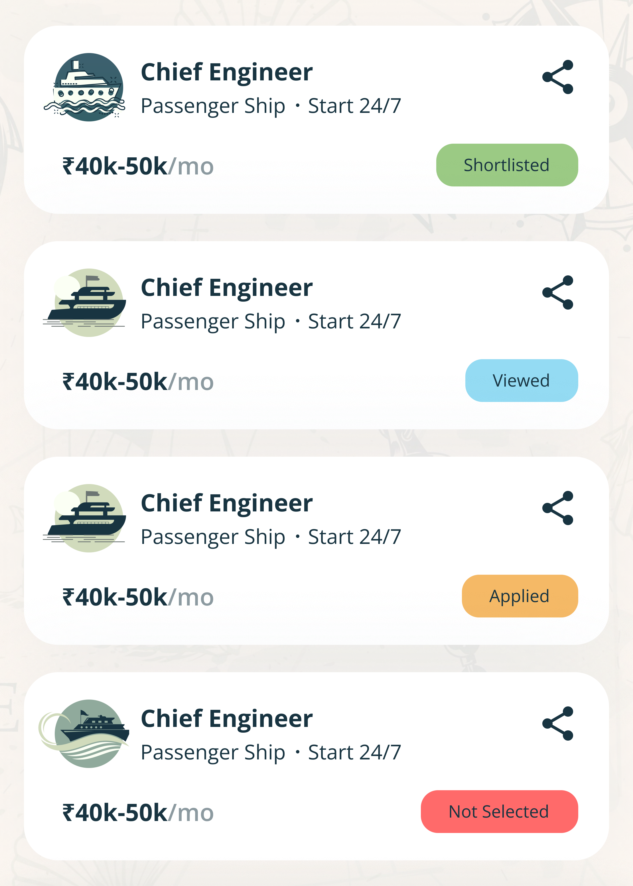 Four applied-job cards for Chief Engineer, each with a status chip: Shortlisted in green, Viewed in blue, Applied in amber, Not Selected in red