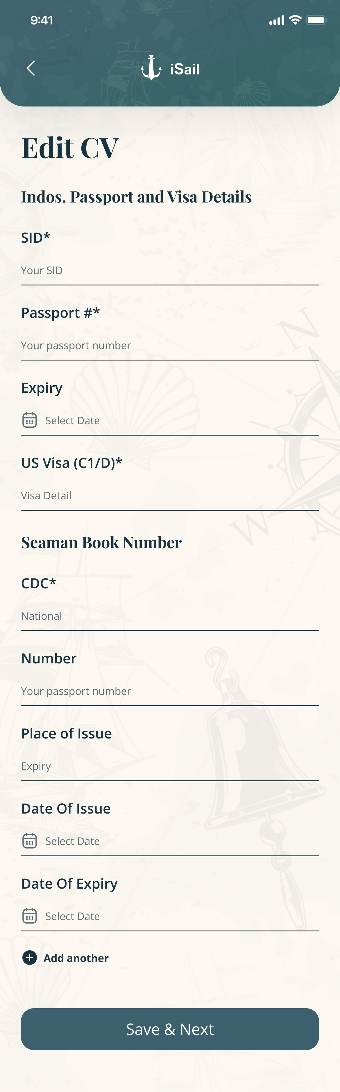 Edit CV, Indos, passport and visa details: SID, passport number and expiry, US visa, Seaman Book number and CDC