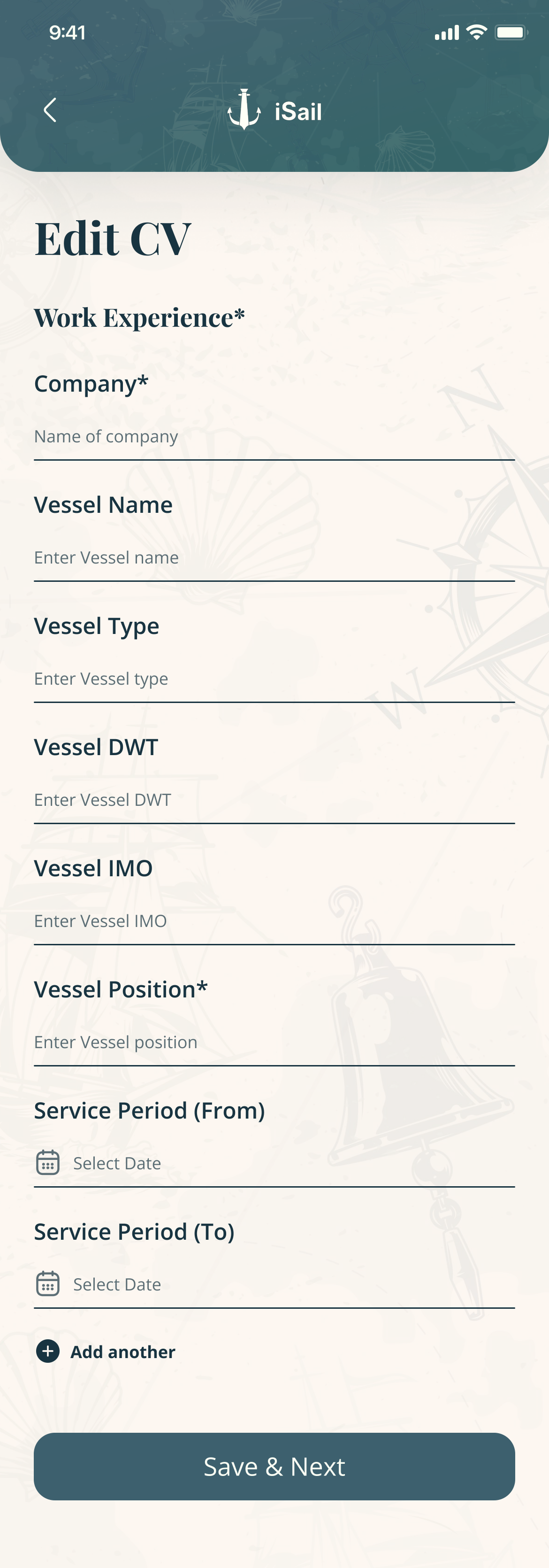 Edit CV, work experience: company, vessel name and type, DWT, IMO, position and service period