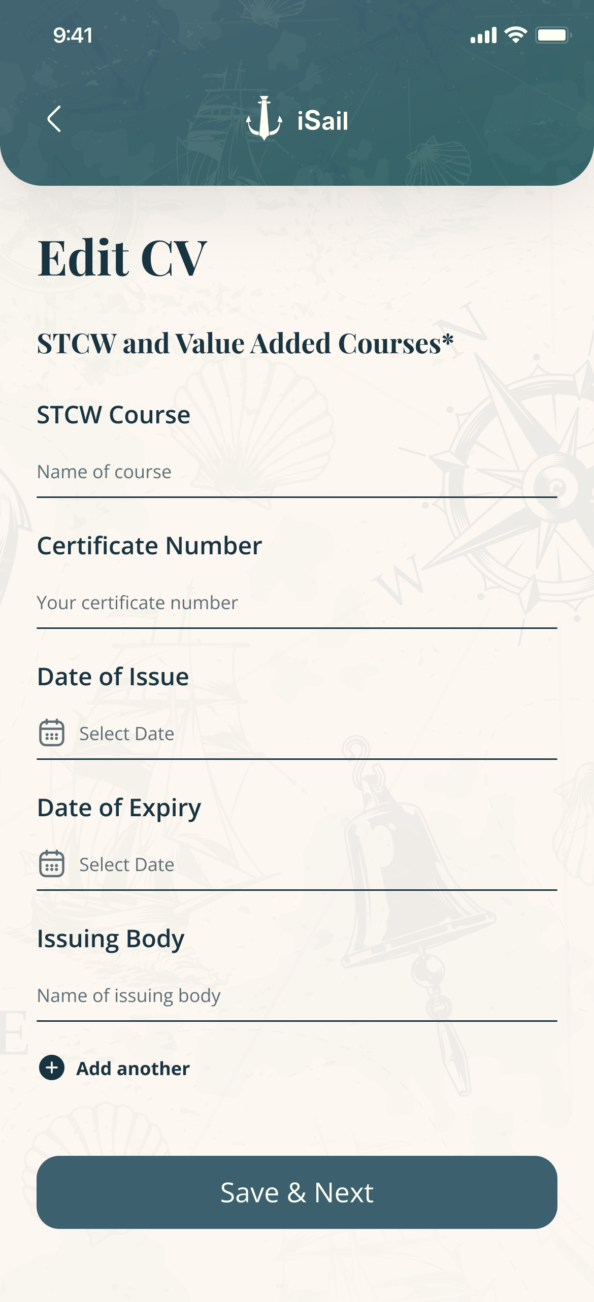 Edit CV, STCW and value-added courses: course, certificate number, dates, issuing body, Add another, and Save & Next