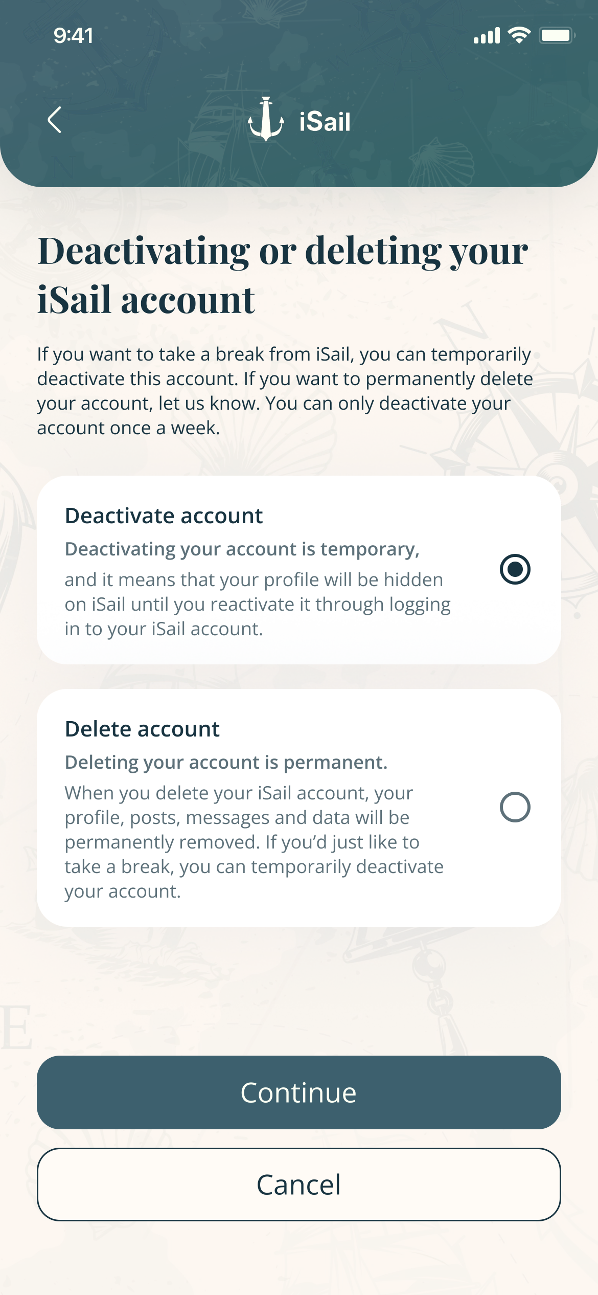 Deactivating or deleting your iSail account: Deactivate account is selected and explained as temporary; Delete account is explained as permanent