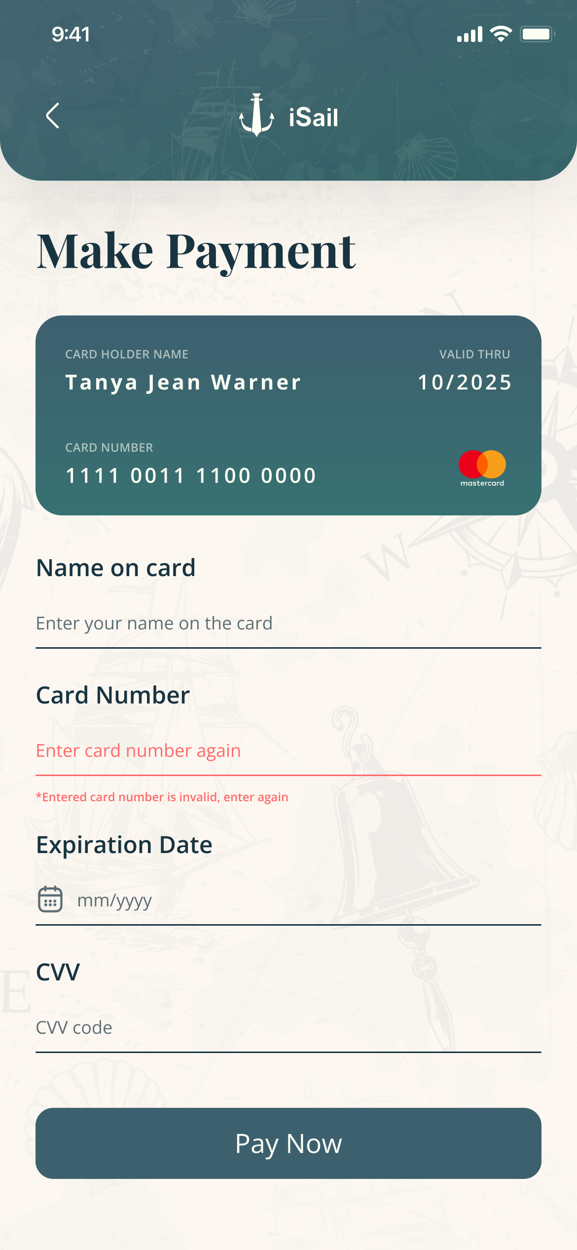 Make Payment with the card number in red: Entered card number is invalid, enter again