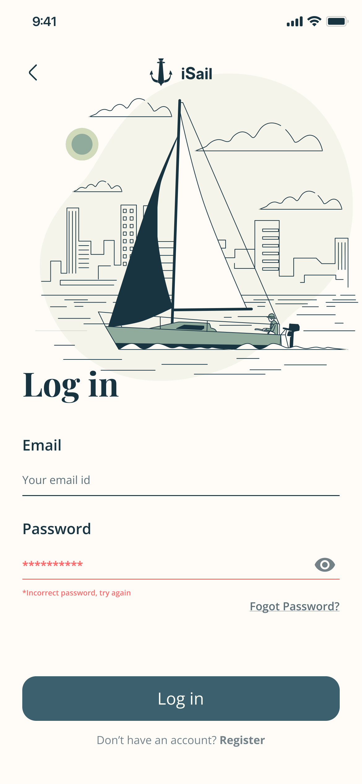 Log in with an error under the password: Incorrect password, try again