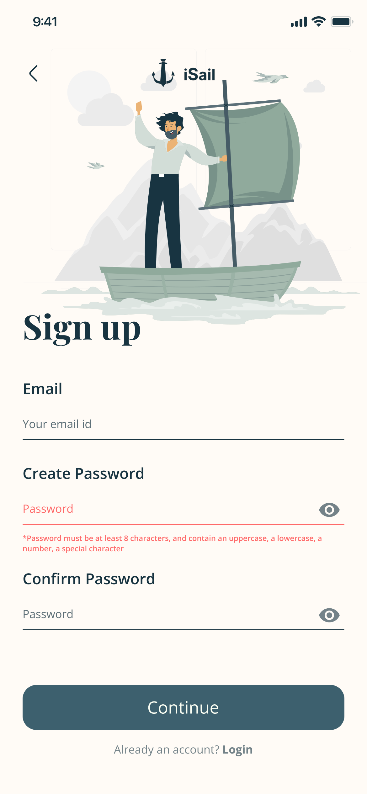 Sign up with the password rules in red: at least 8 characters, with an uppercase, a lowercase, a number and a special character