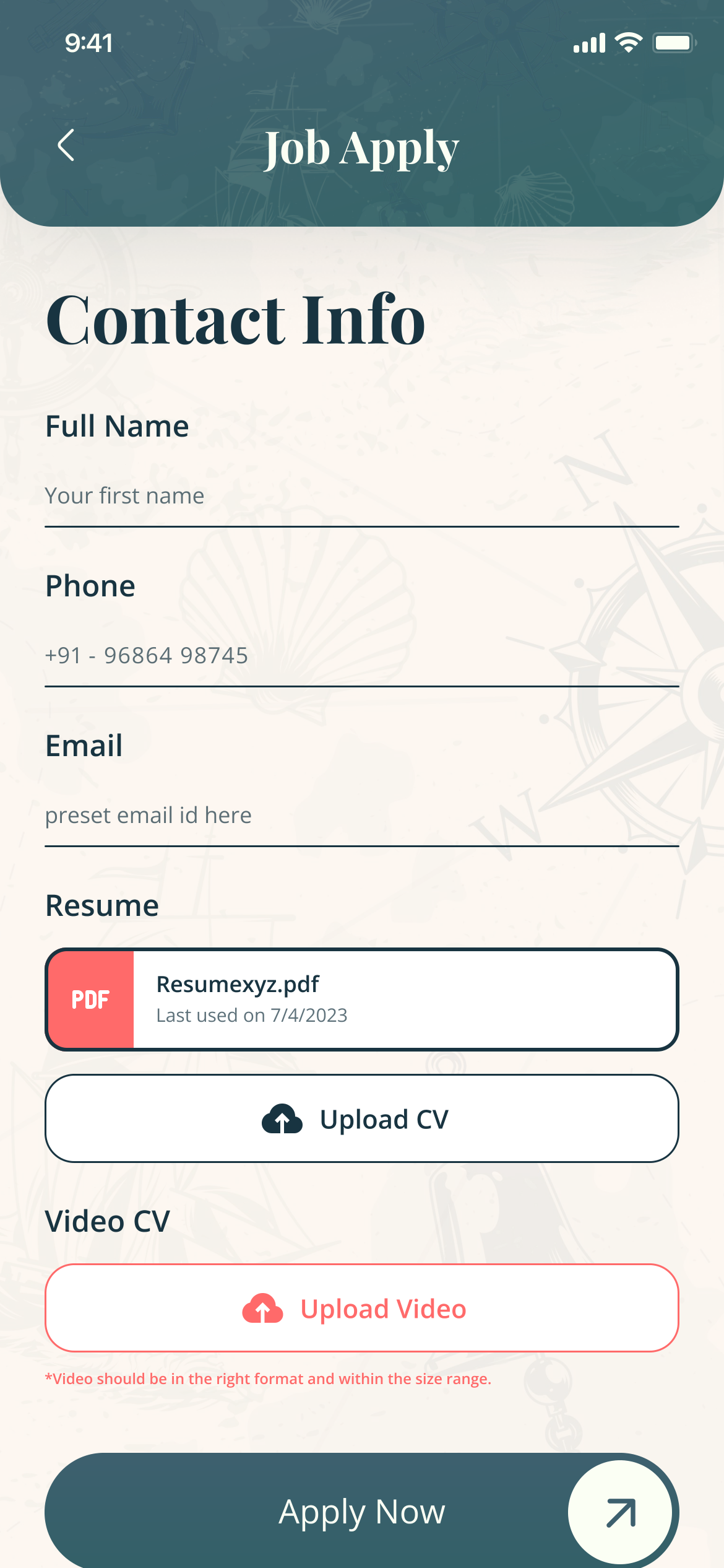Job Apply with an error under Video CV: the video should be in the right format and within the size range