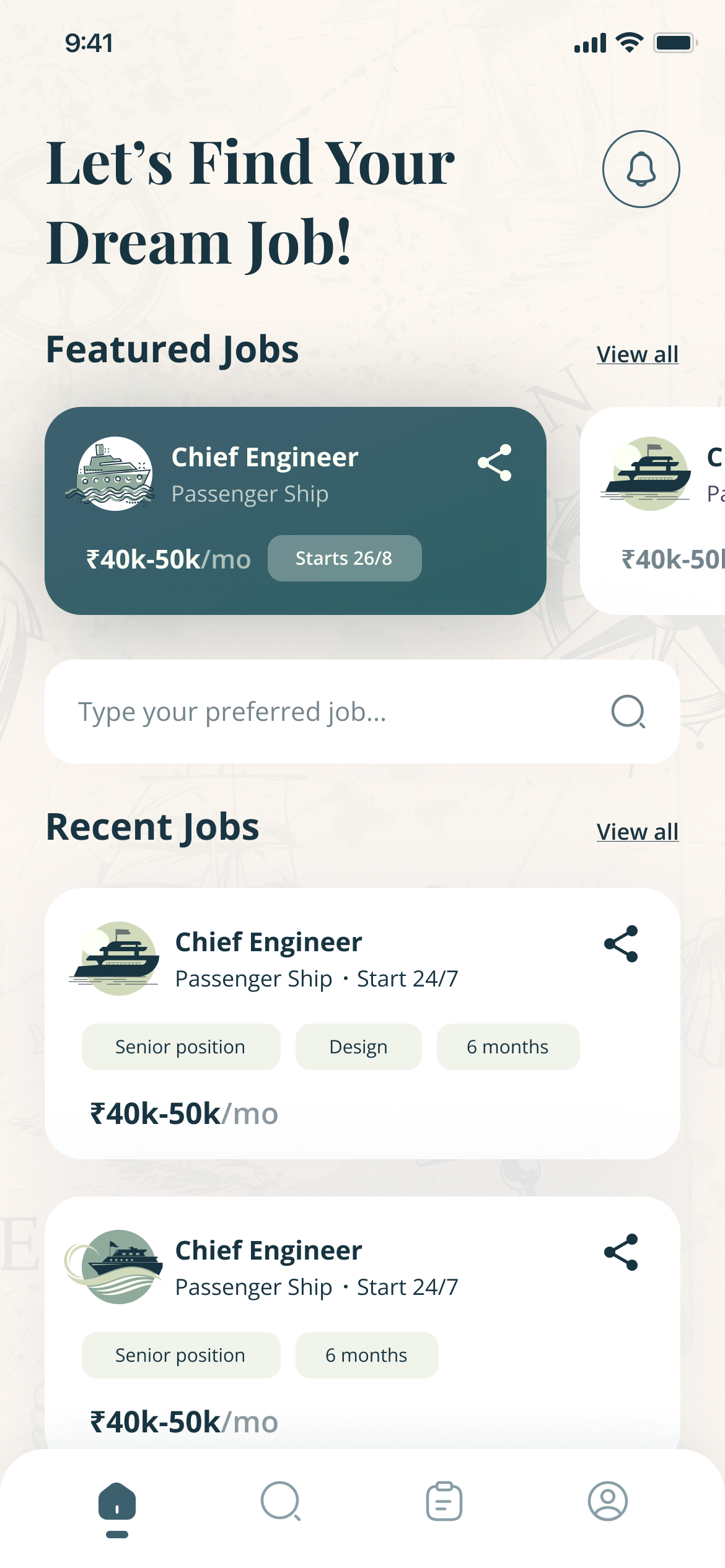 The seafarer's home: Let's Find Your Dream Job!, a featured Chief Engineer role on a passenger ship, a search field and recent jobs with salary and duration