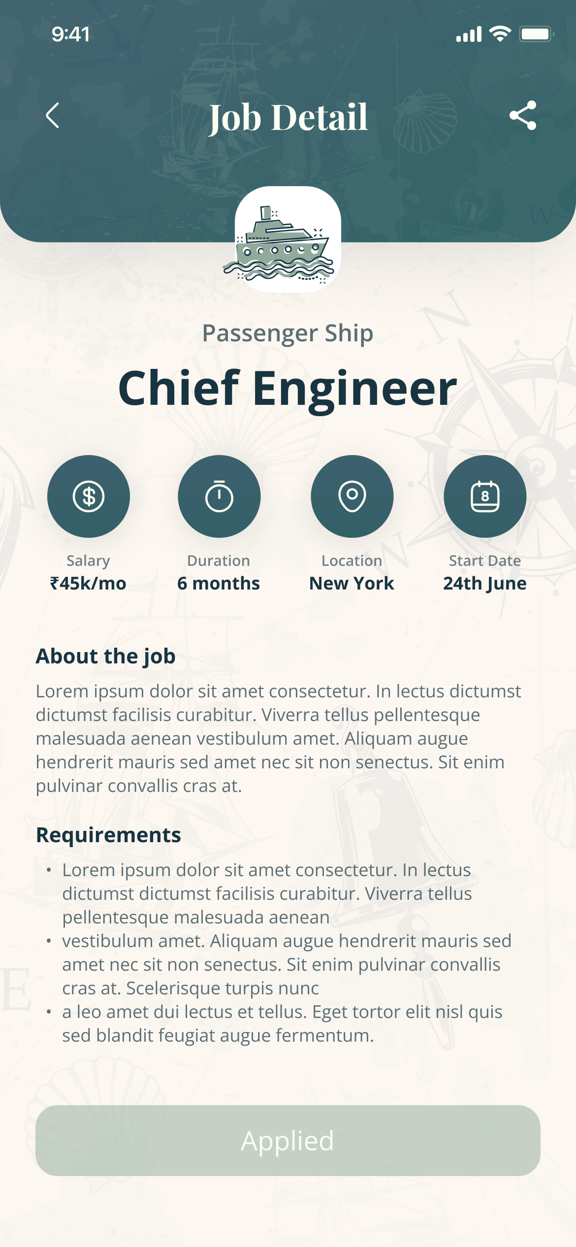 The job detail after applying: the Apply Now button is greyed and reads Applied