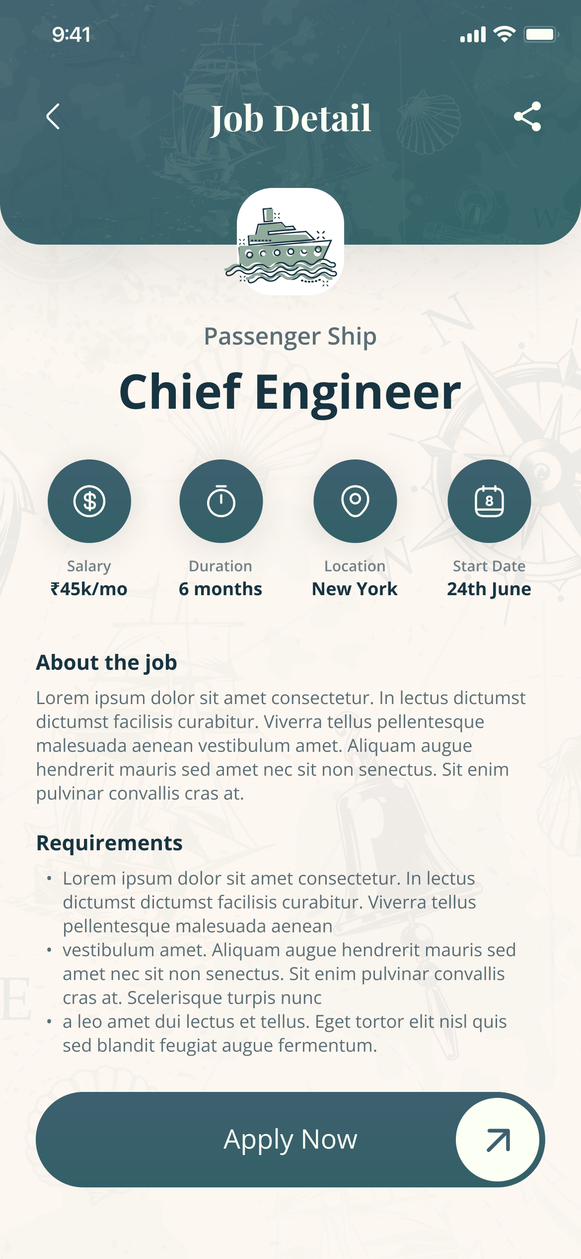 Job detail: Chief Engineer, Passenger Ship, with salary, duration, location and start date as four icons above the description, and Apply Now