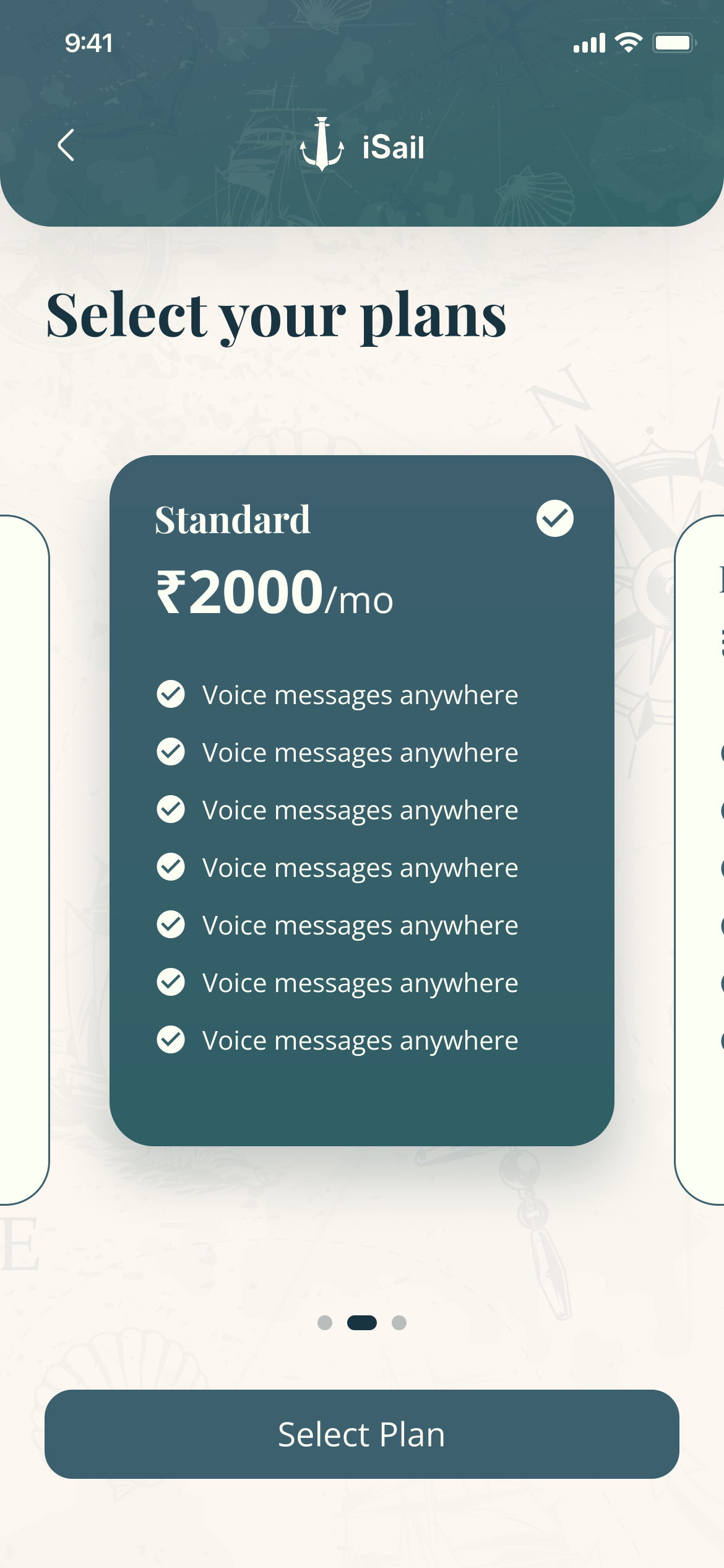 Select your plans: a Standard plan at ₹2000 a month, with a list of features, and Select Plan