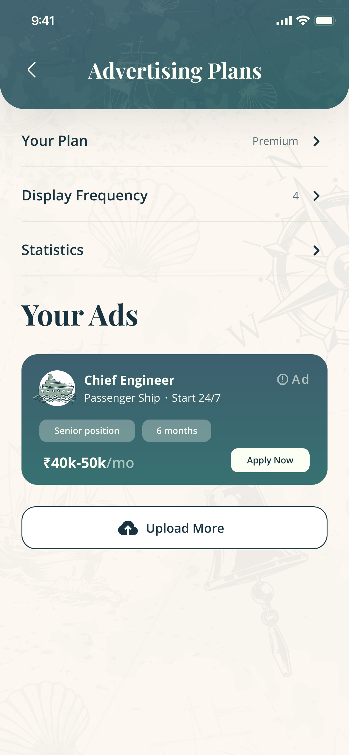 Advertising Plans: your plan, display frequency, statistics, and the ads running