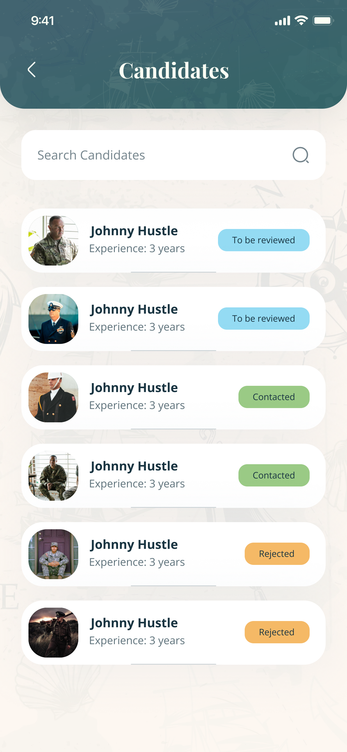 The recruiter's Candidates list: six candidates marked To be reviewed, Contacted or Rejected