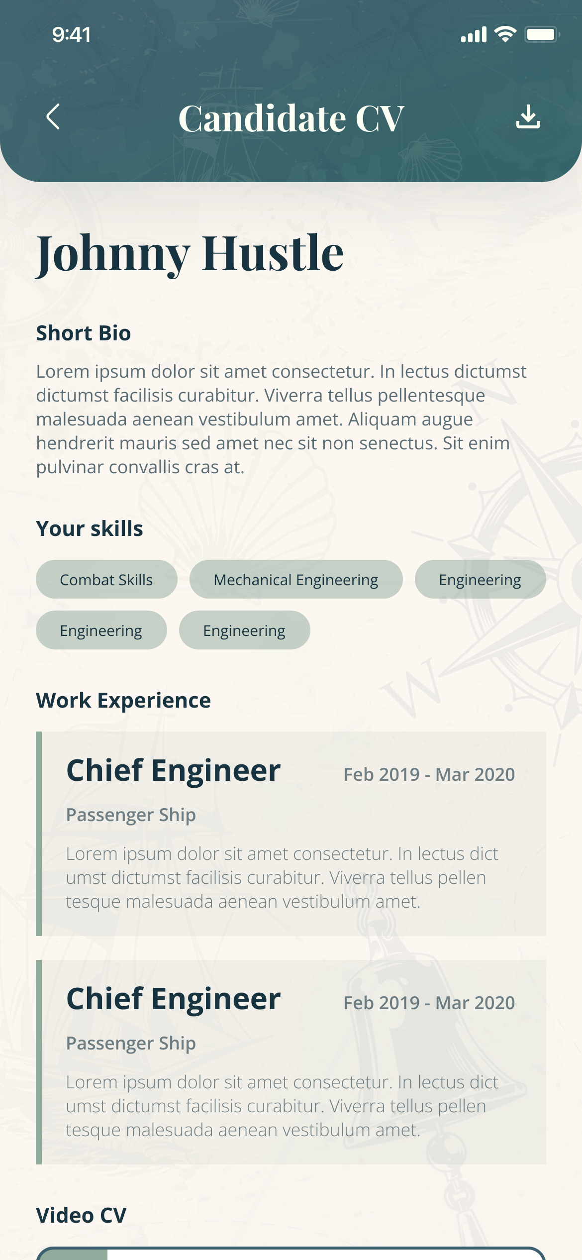 Candidate CV: Johnny Hustle, short bio, skills as chips, and work experience as Chief Engineer on a passenger ship