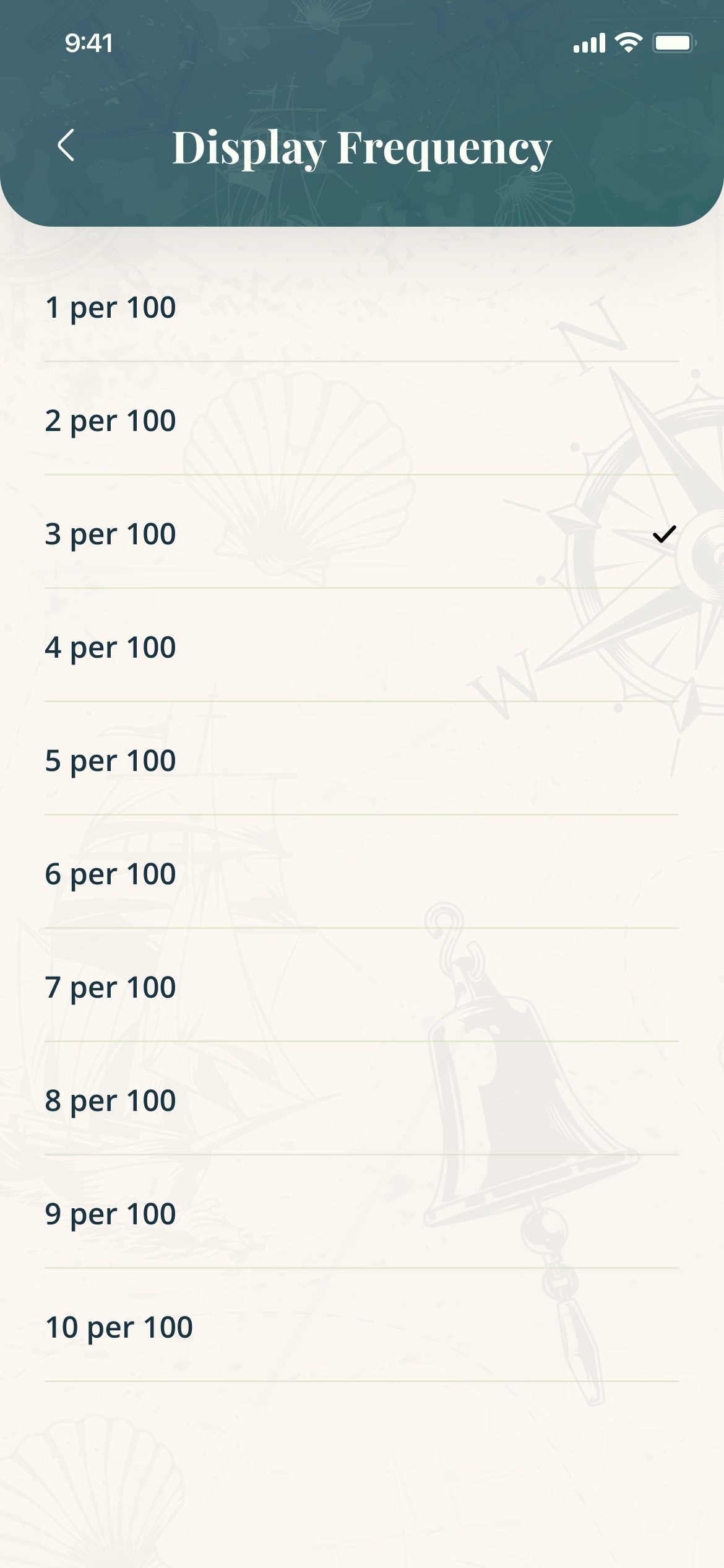 Display Frequency: a list from 1 per 100 to 10 per 100