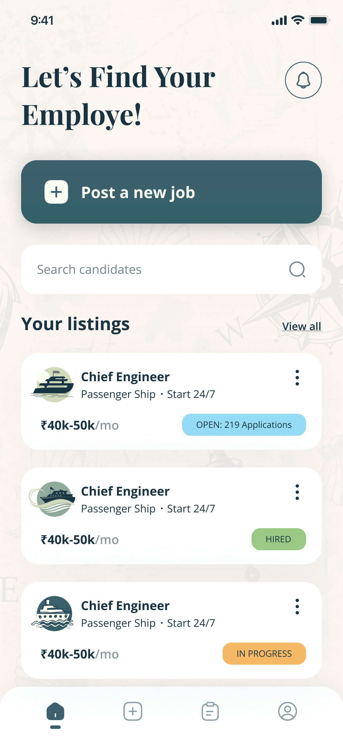 The recruiter's home: Post a new job, a candidate search, and the recruiter's listings marked Open with 219 applications, In progress and Hired