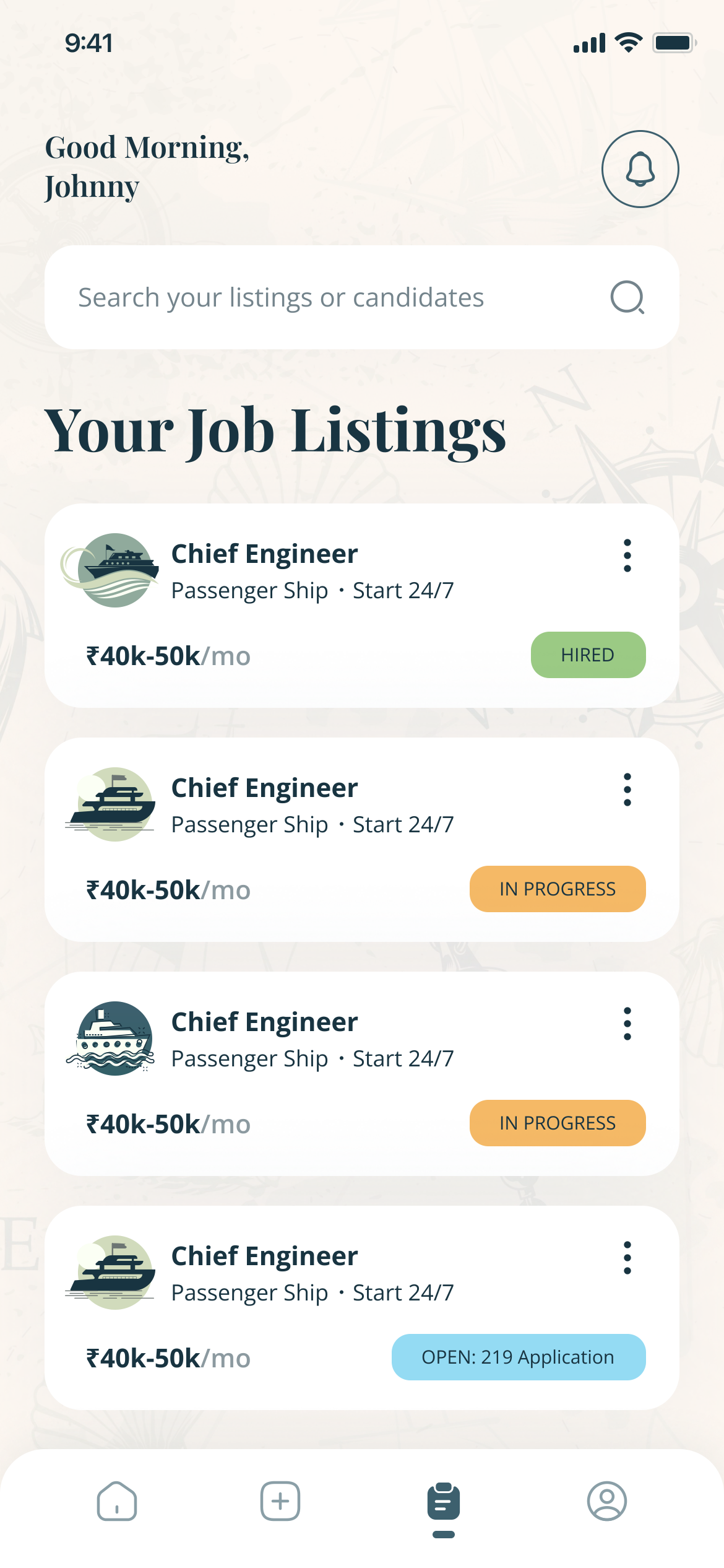 Your Job Listings: four Chief Engineer listings marked Hired, In progress, In progress and Open with 219 applications