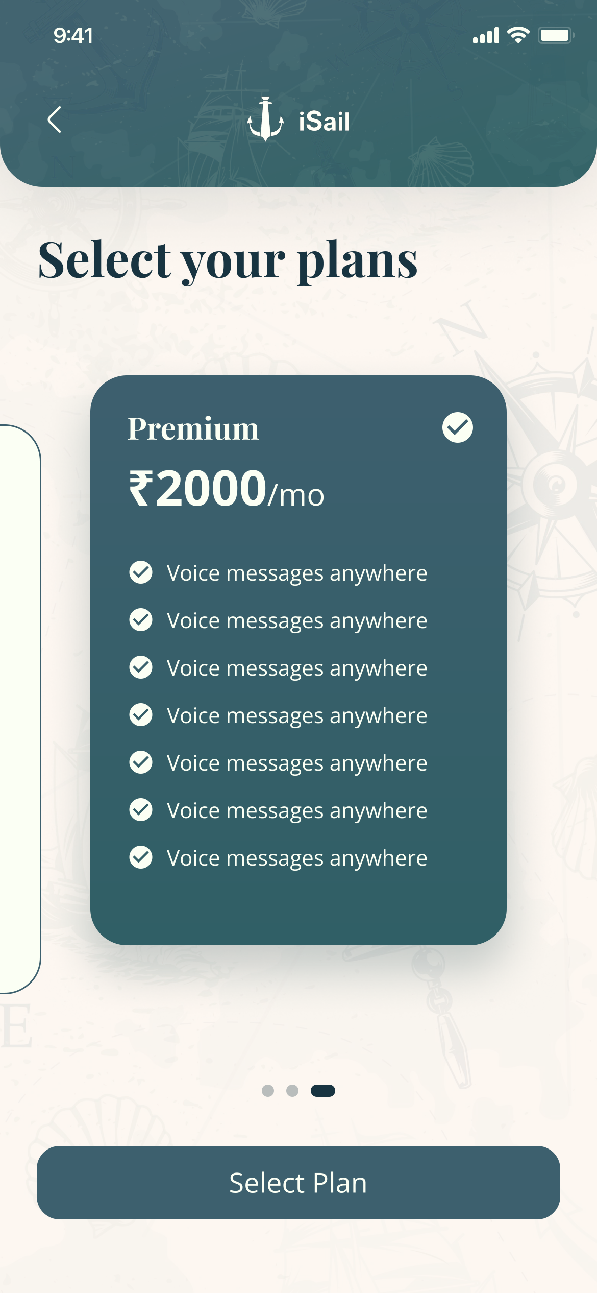 Select your plans: a Premium plan at ₹2000 a month, with a list of features, and Select Plan