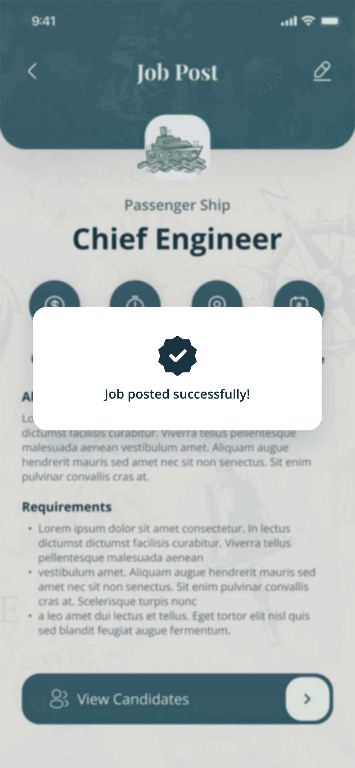 A confirmation over the new listing: Job posted successfully