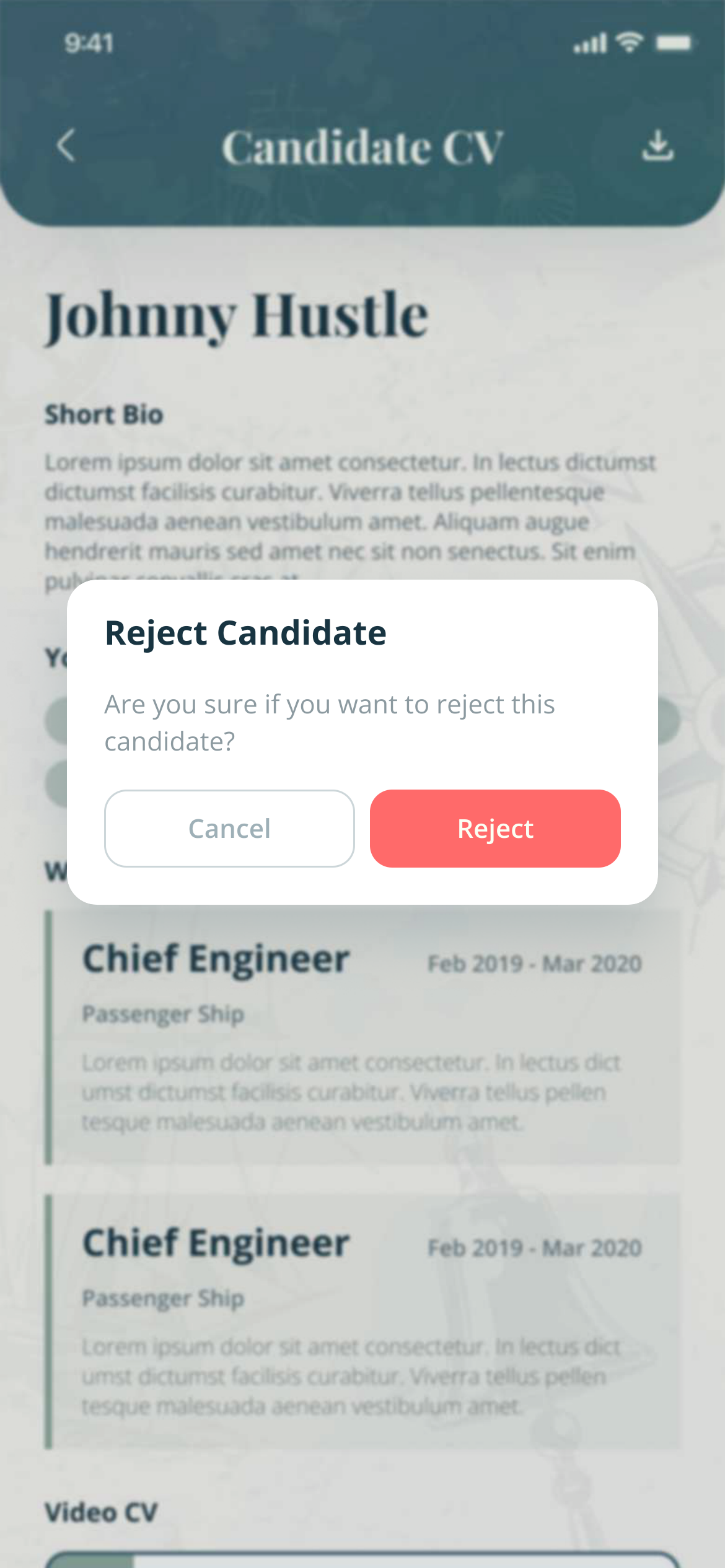 A candidate CV with a dialog: Reject Candidate? with Cancel and Reject