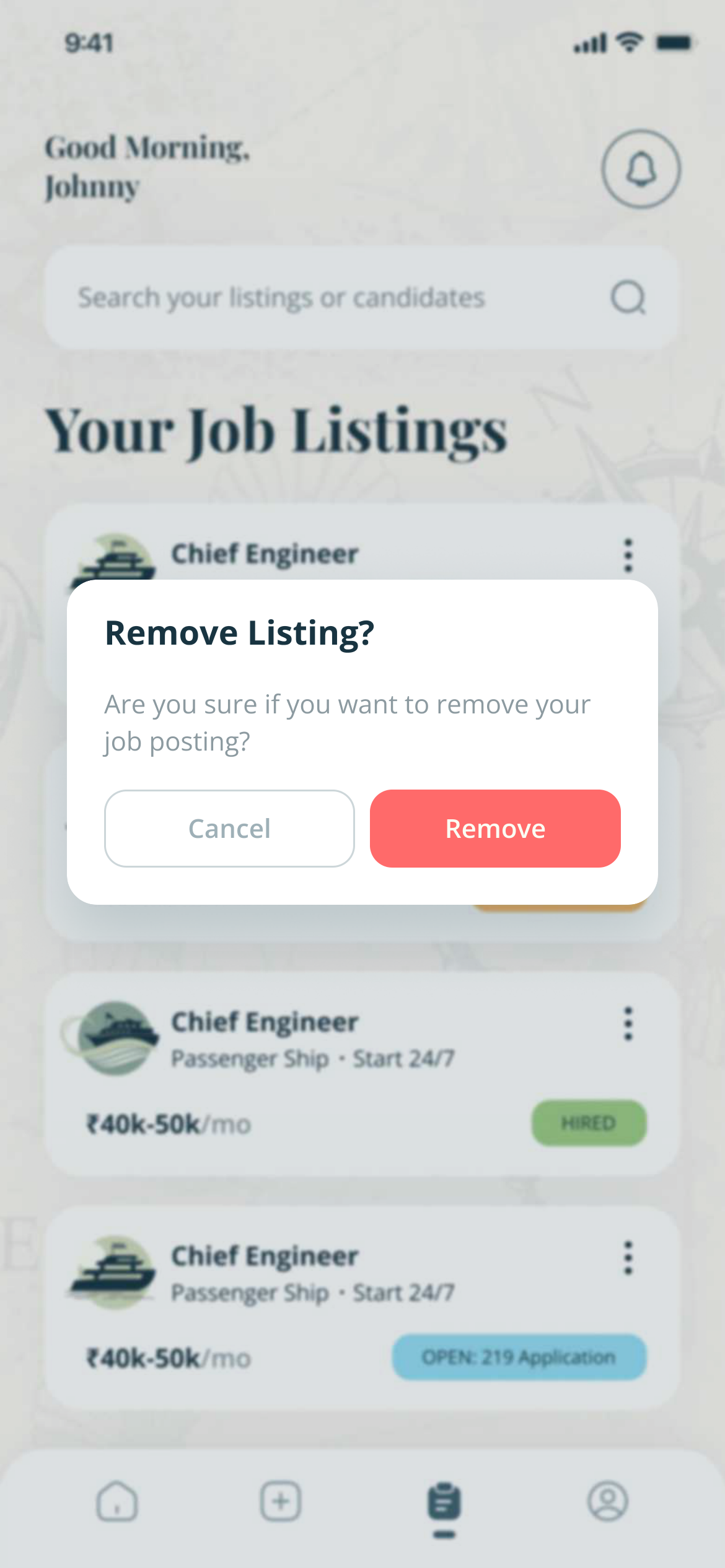 Your Job Listings with a dialog: Remove Listing? Are you sure you want to remove your job posting?