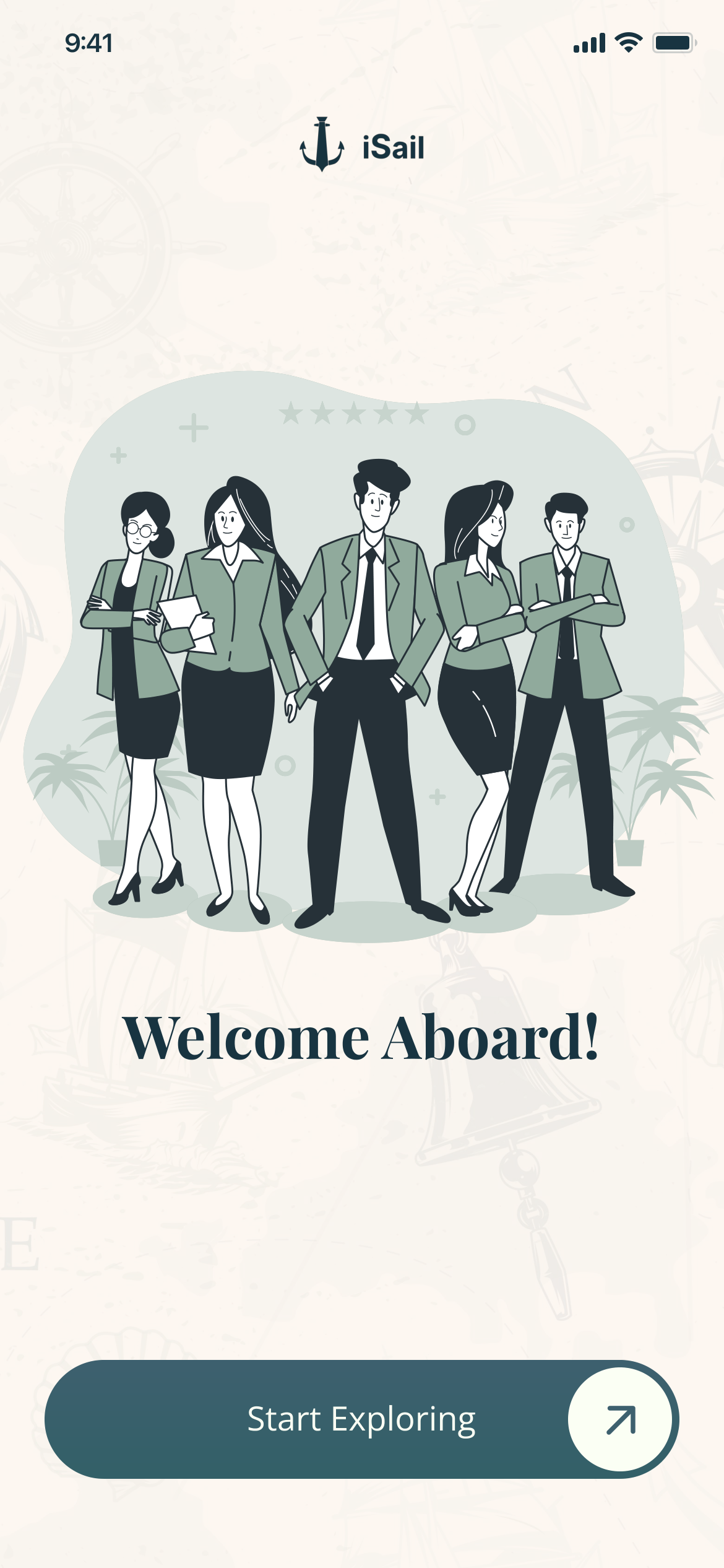 Welcome Aboard! for the recruiter: an illustrated group of people, and Start Exploring