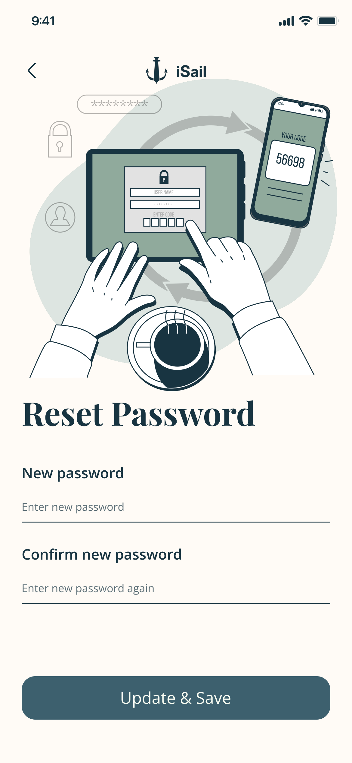 Reset Password: new password and confirm new password together, and Update & Save
