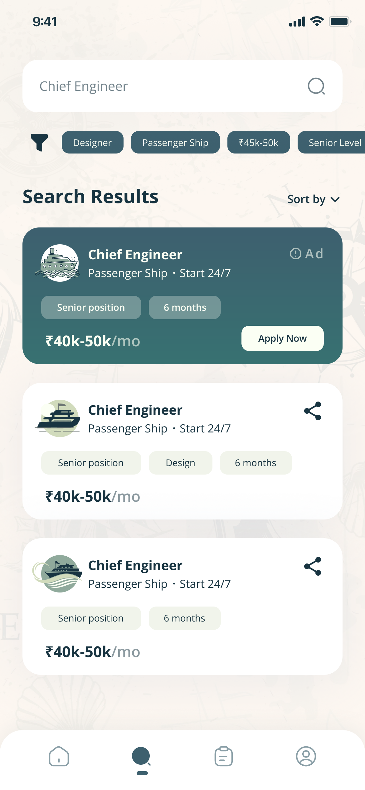 Search results for Chief Engineer, with active filter chips, a sort control and job cards