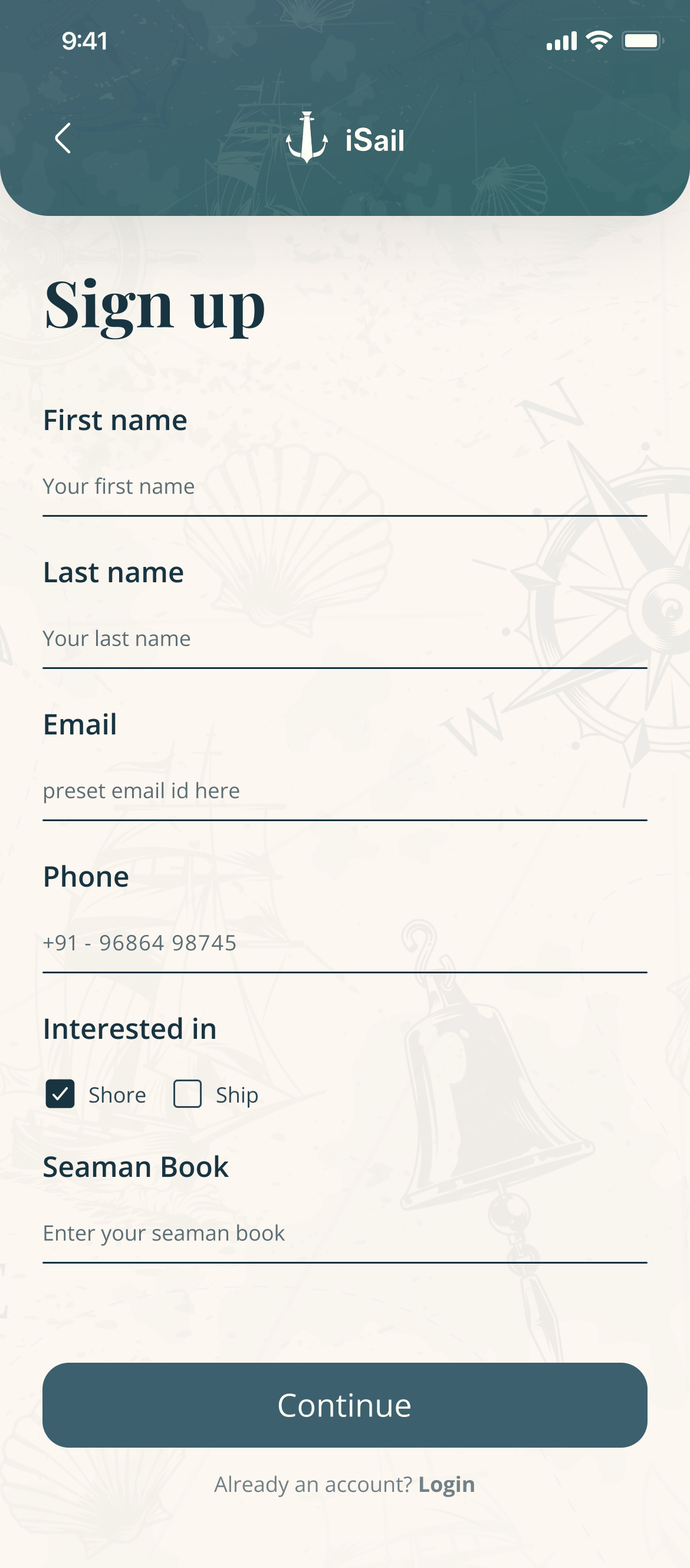 Sign-up, step one: name, email, phone, shore or ship, Seaman Book number, and Continue