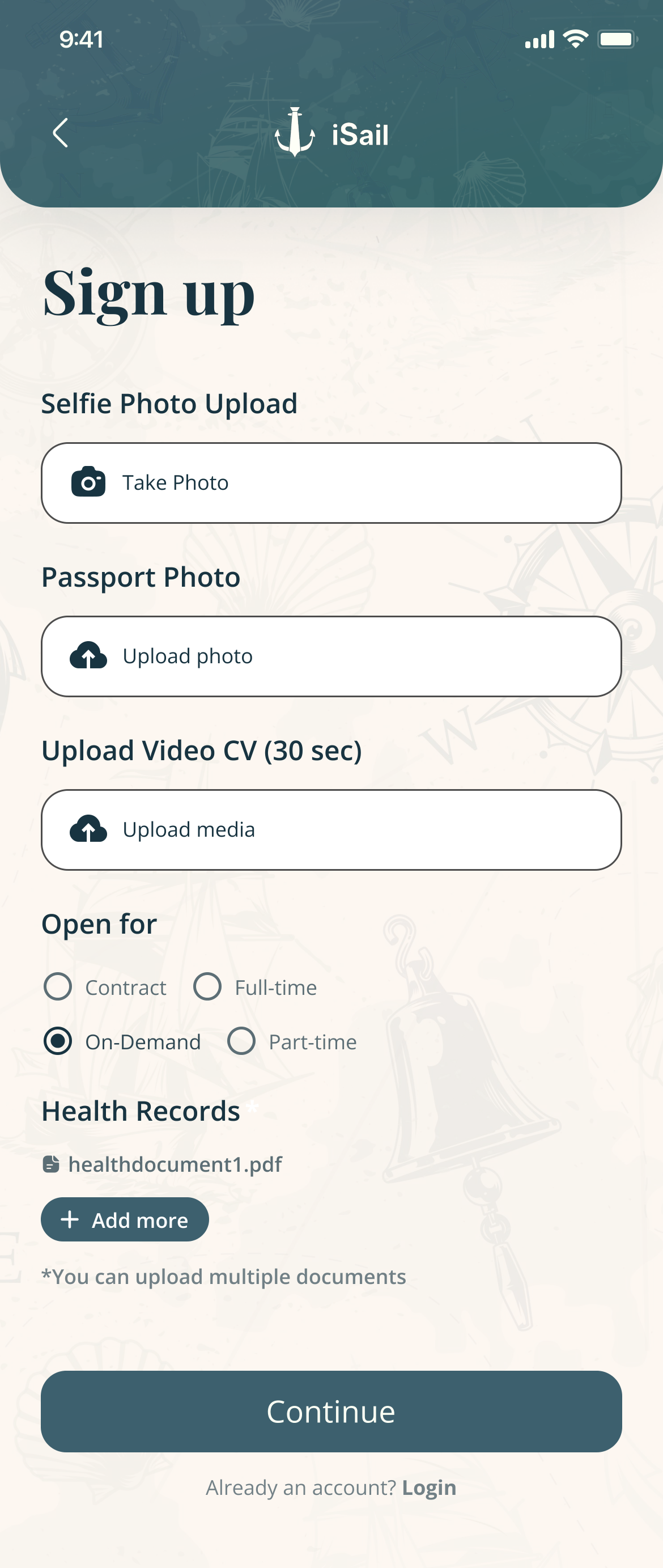 Sign-up, step two: selfie and passport photo, a 30-second video CV, contract type, health records, and Continue