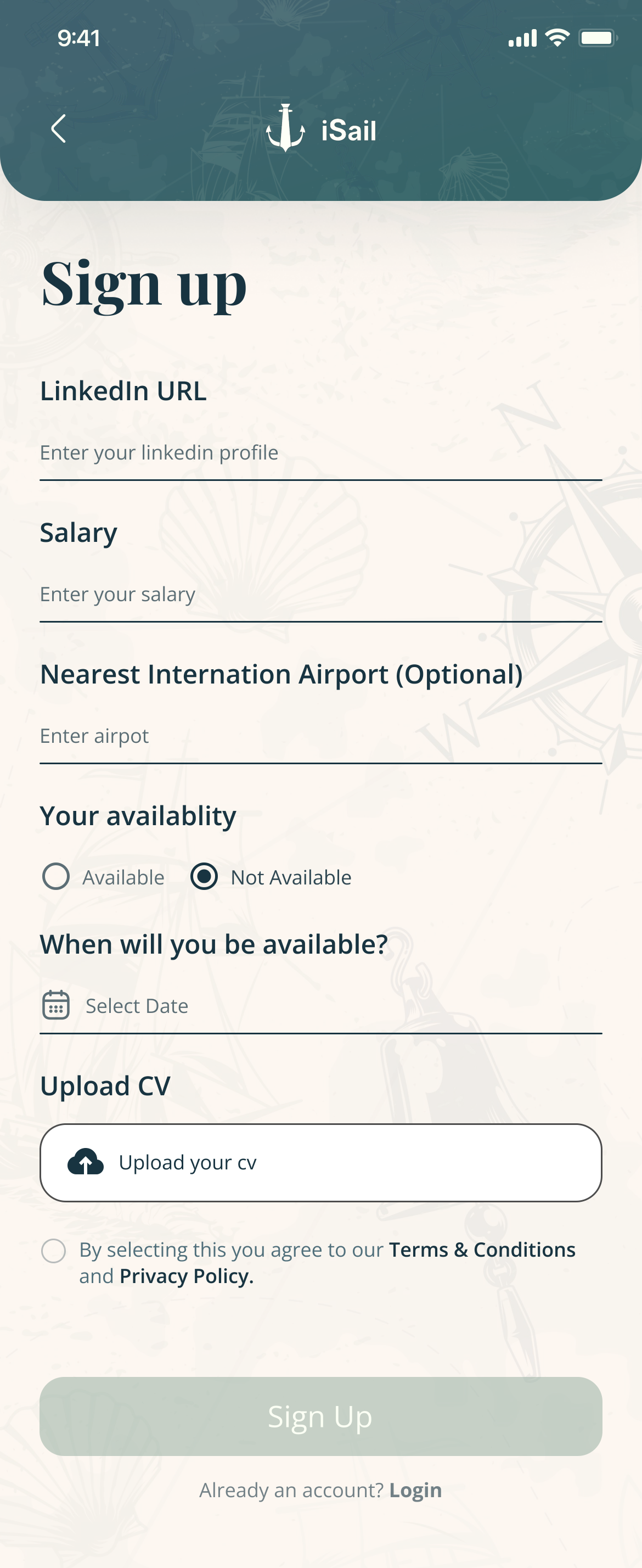 Sign-up, step three: LinkedIn, salary, nearest international airport, availability and its date, a CV upload, and Sign Up