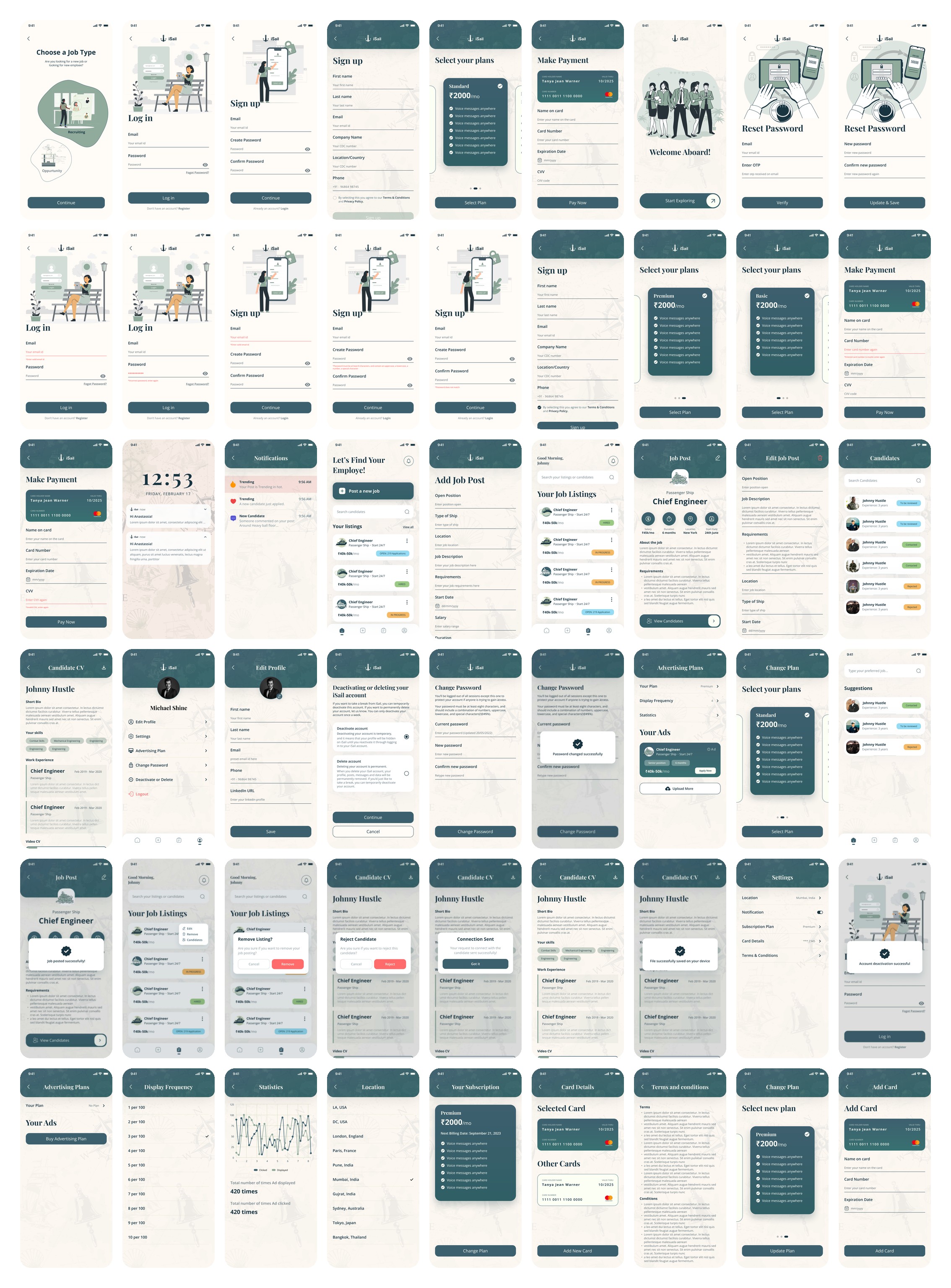 All 54 recruiter screens on one board, from choosing a job type to adding a card
