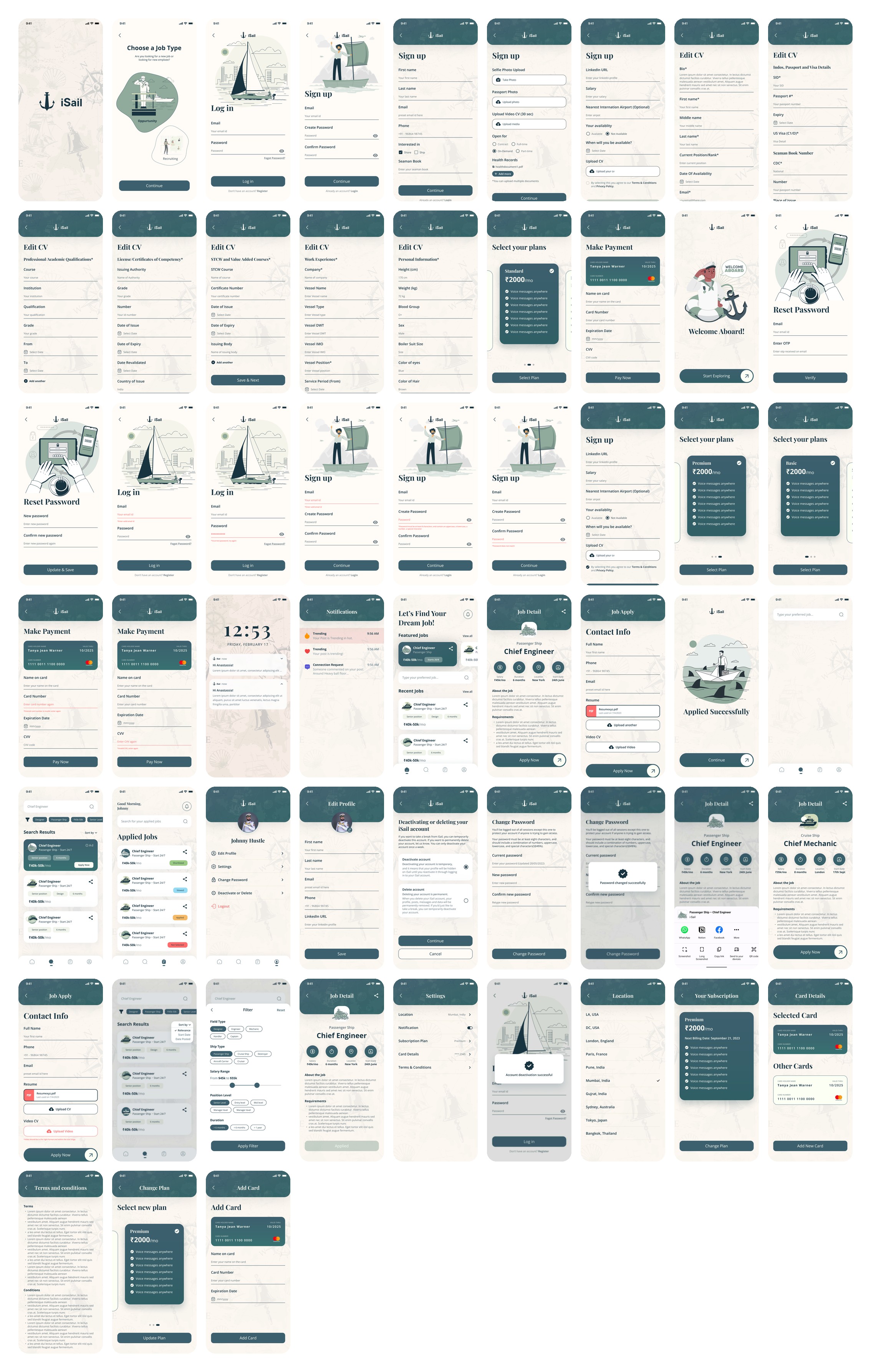 All 57 seafarer screens on one board, from the splash screen to adding a card
