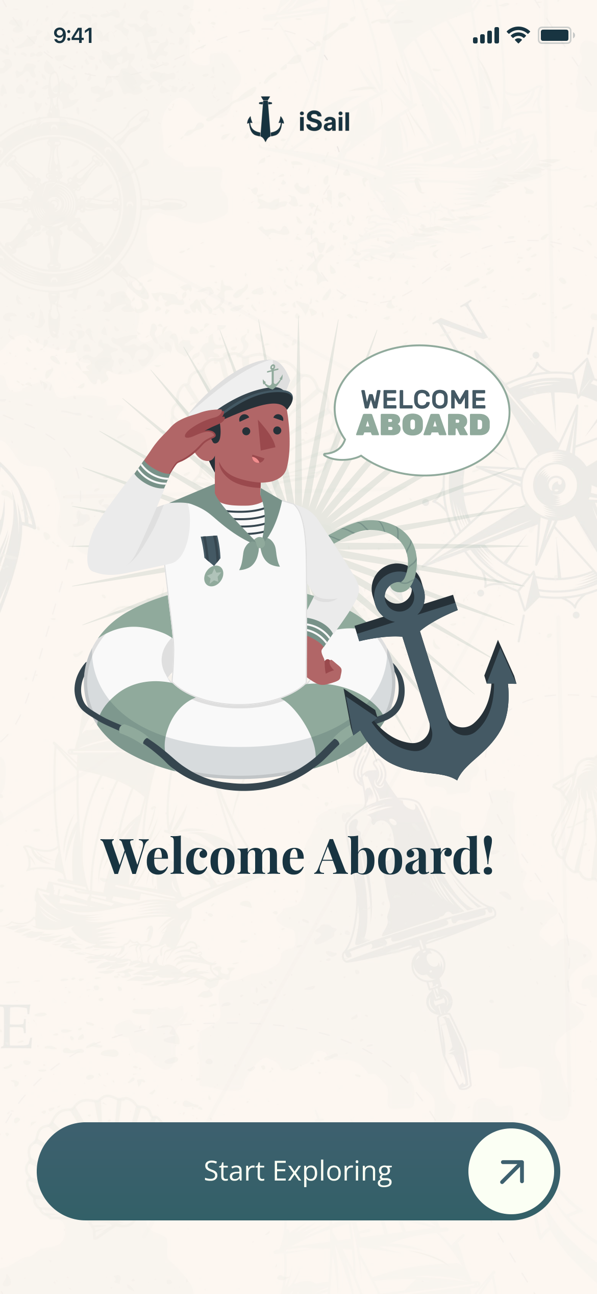 Welcome Aboard! for the seafarer: a saluting sailor in a life ring with an anchor, and Start Exploring