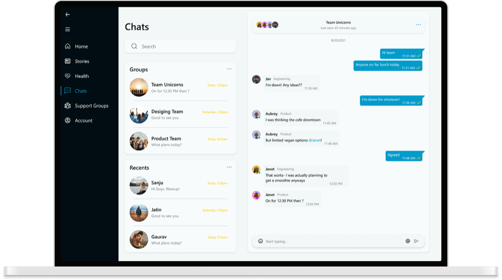 Jaya Chats screen showing private workplace groups