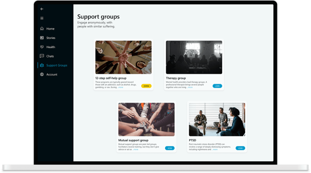 Jaya Support groups screen showing anonymous expression