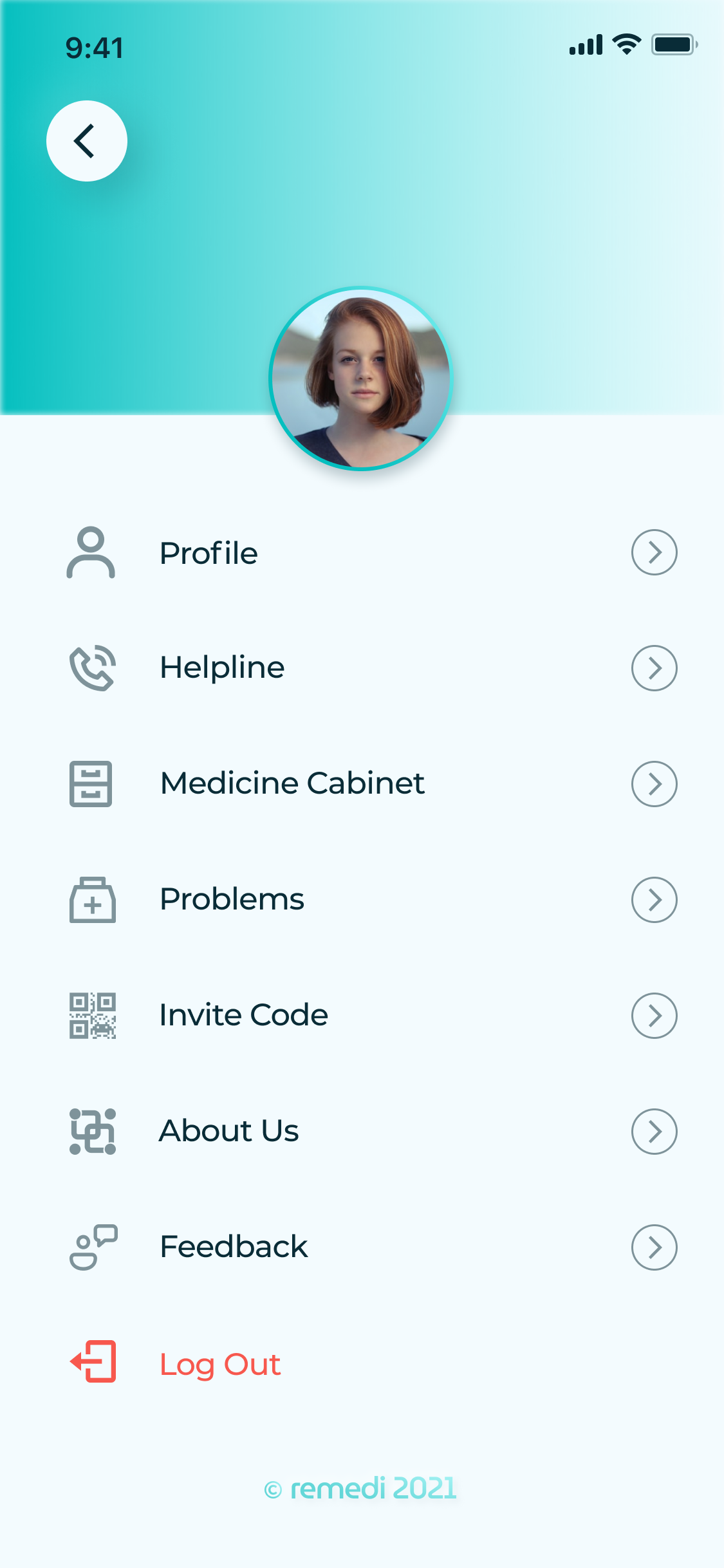 Account: profile photo and a list of Profile, Helpline, Medicine Cabinet, Problems, Invite Code, About Us, Feedback and Log Out